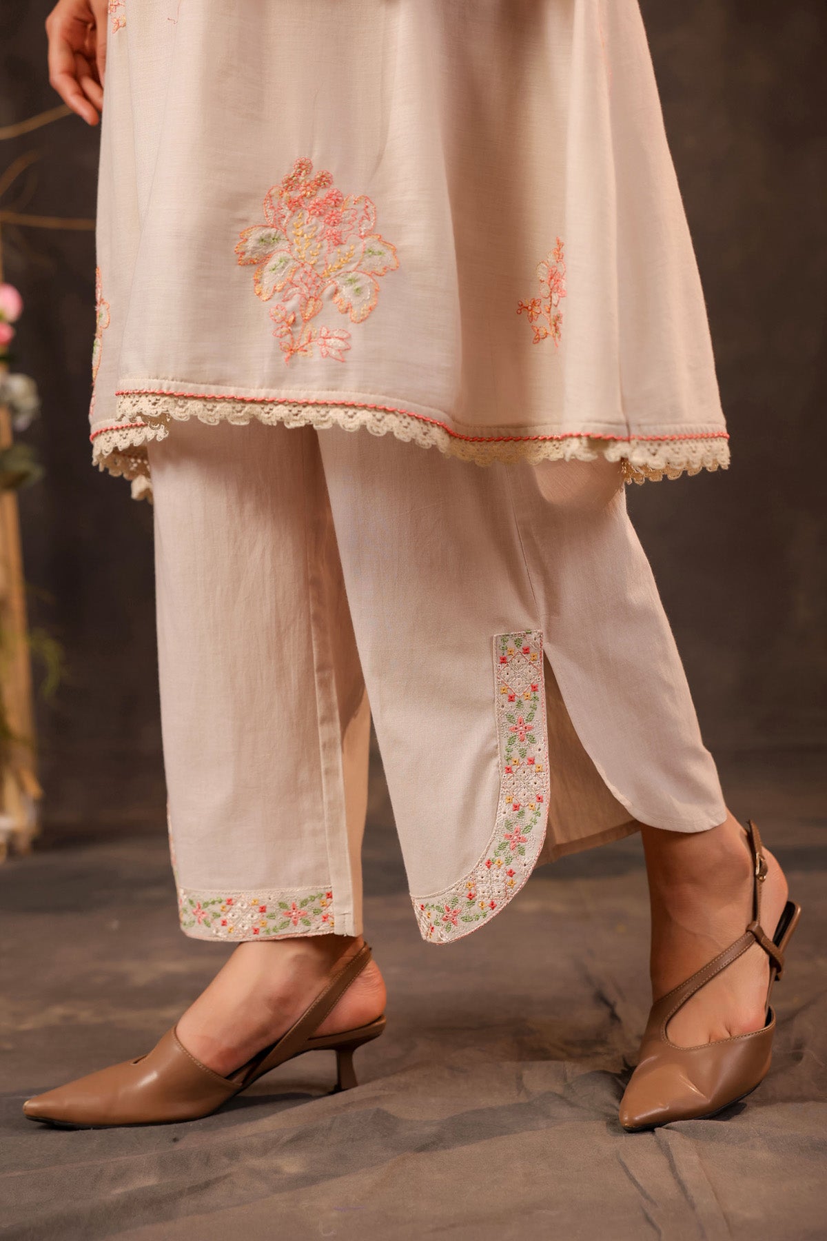 Beige Mul Mul Embroidered Cord Set