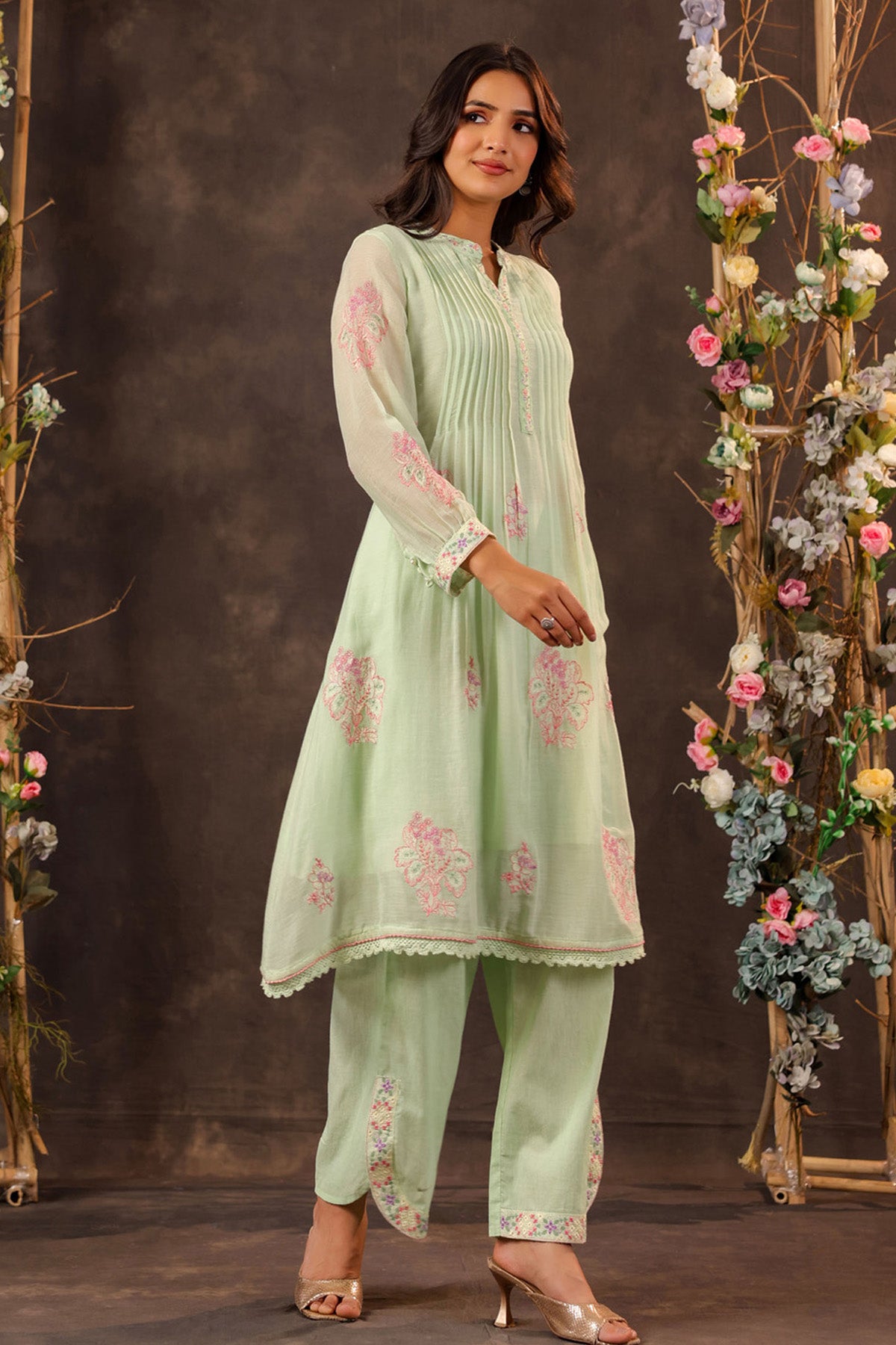 Green Mul Mul Embroidered Cord Set