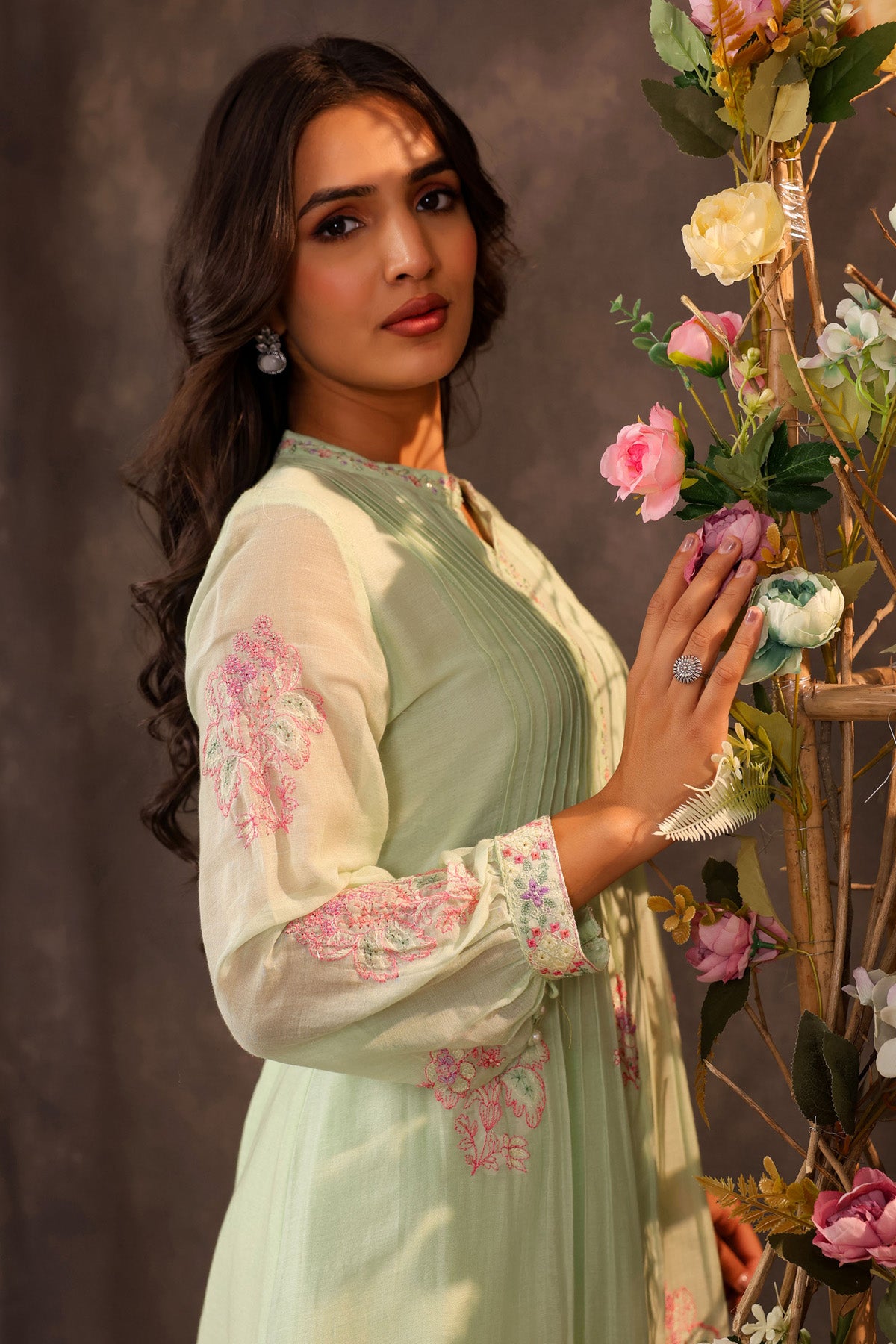 Green Mul Mul Embroidered Cord Set