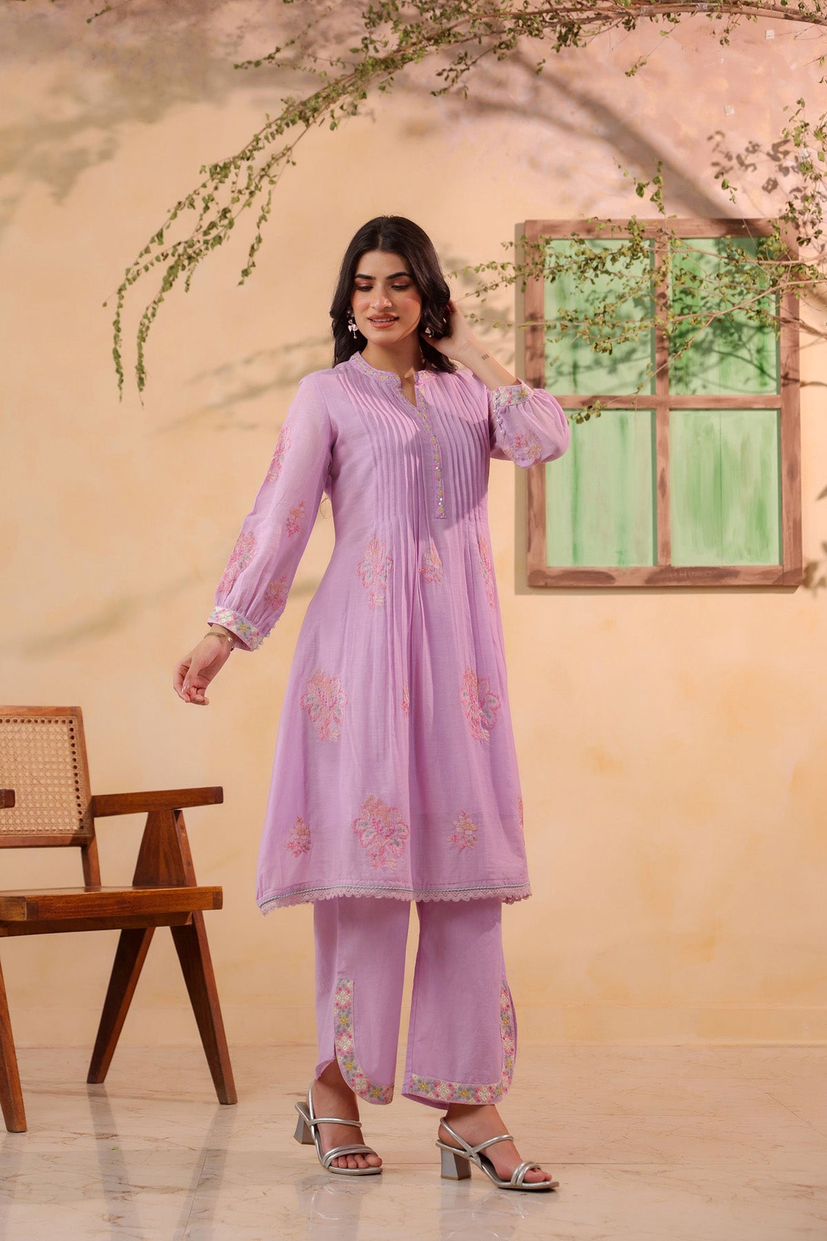 Pink Mul Mul Embroidered Cord Set