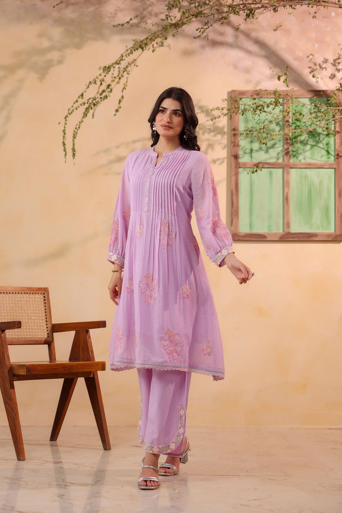 Pink Mul Mul Embroidered Cord Set