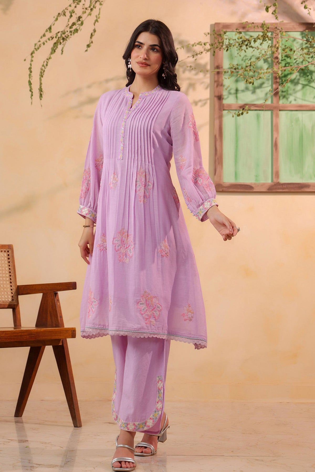 Lavender Mul Mul Embroidered Cord Set