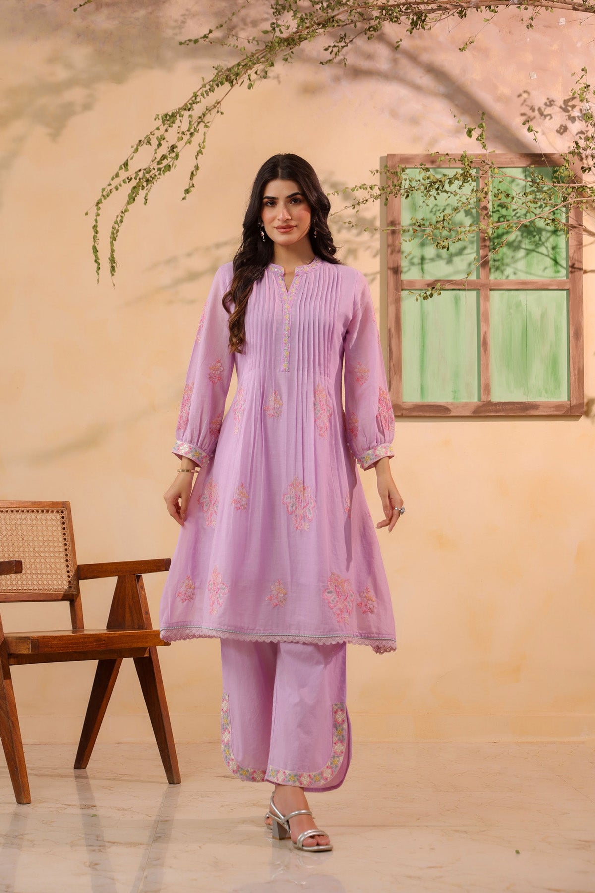 Pink Mul Mul Embroidered Cord Set