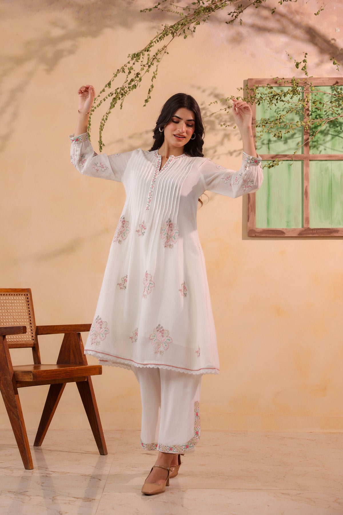 White Mul Mul Embroidered Cord Set