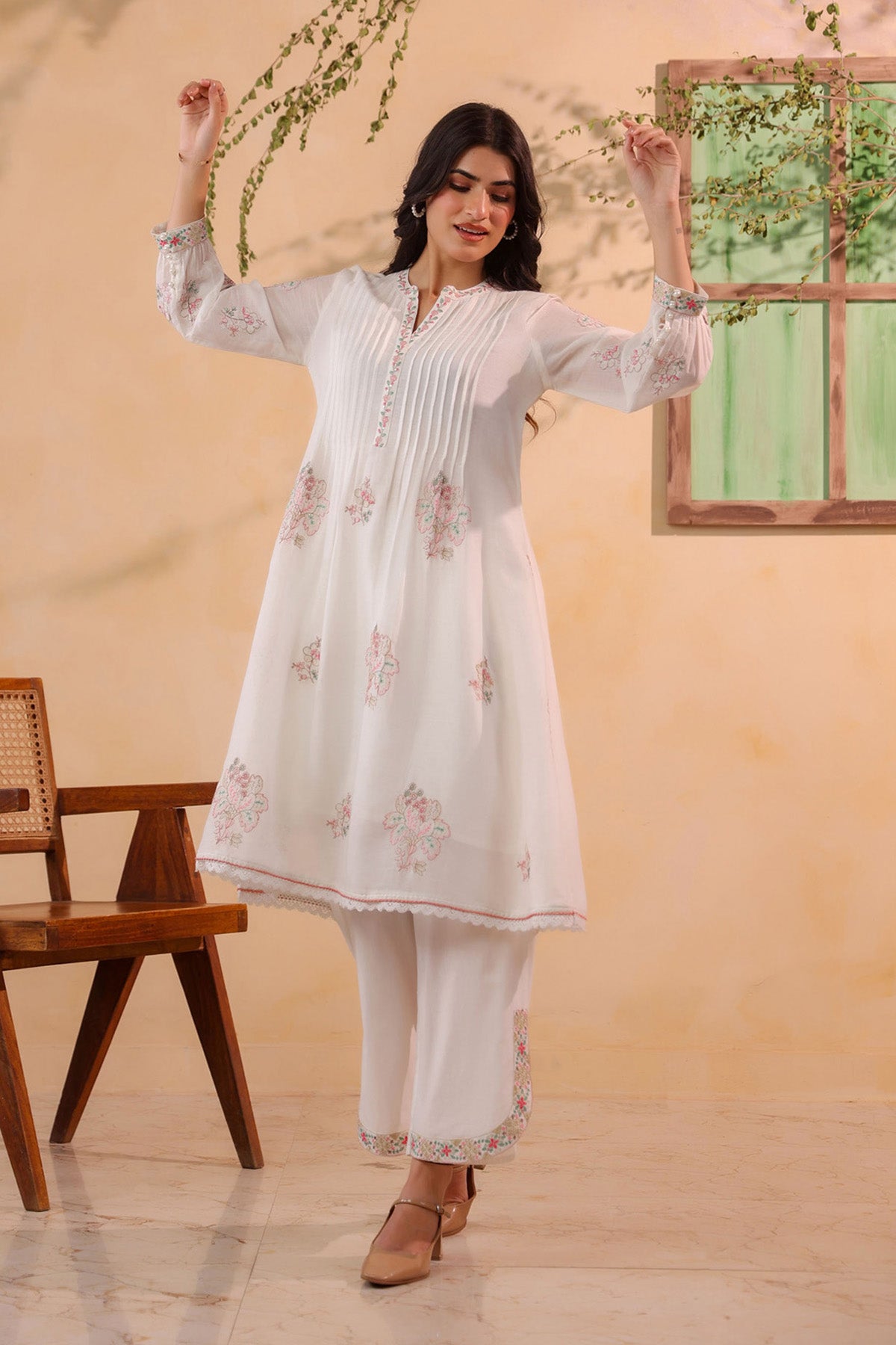 White Mul Mul Embroidered Cord Set