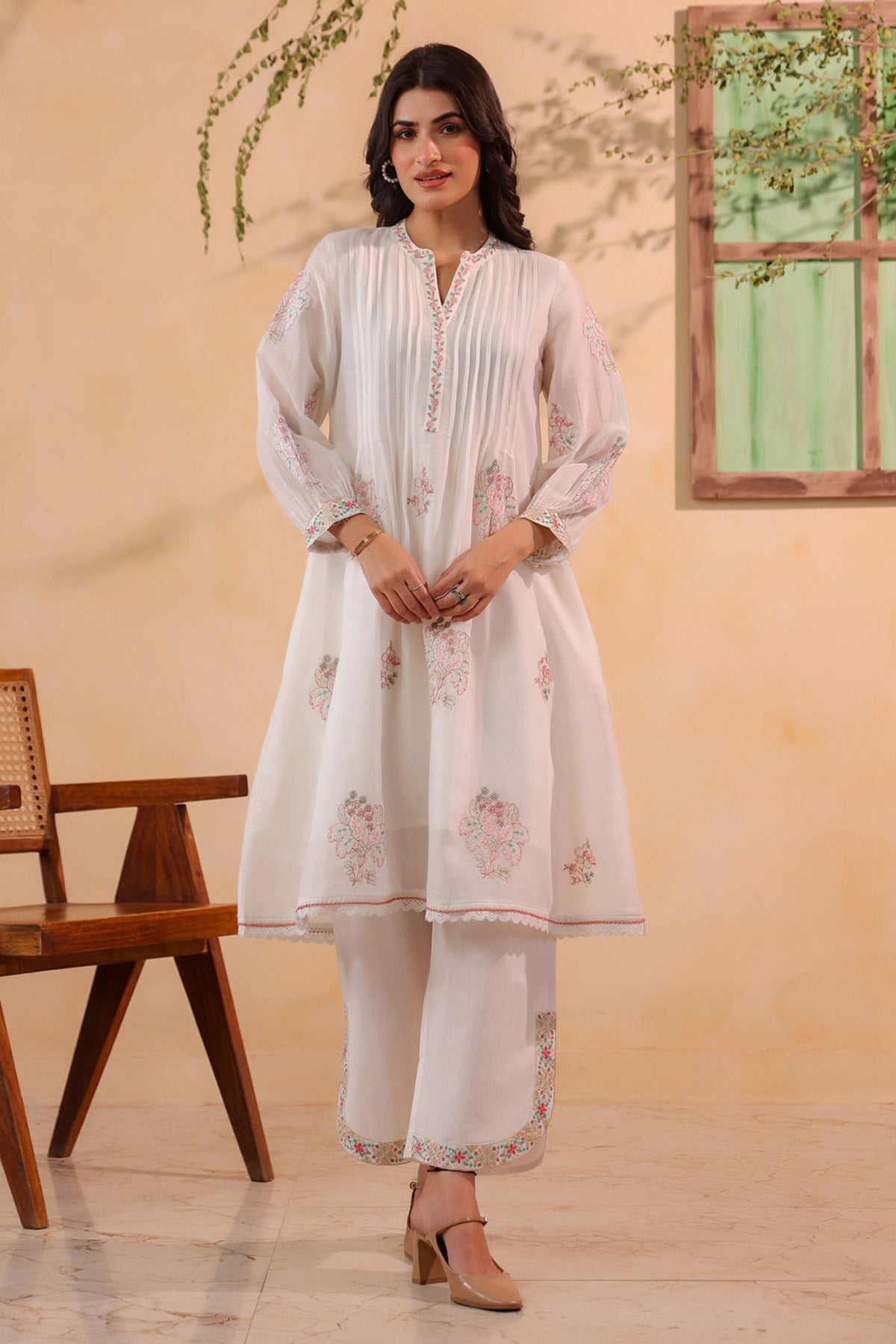 White Mul Mul Embroidered Cord Set
