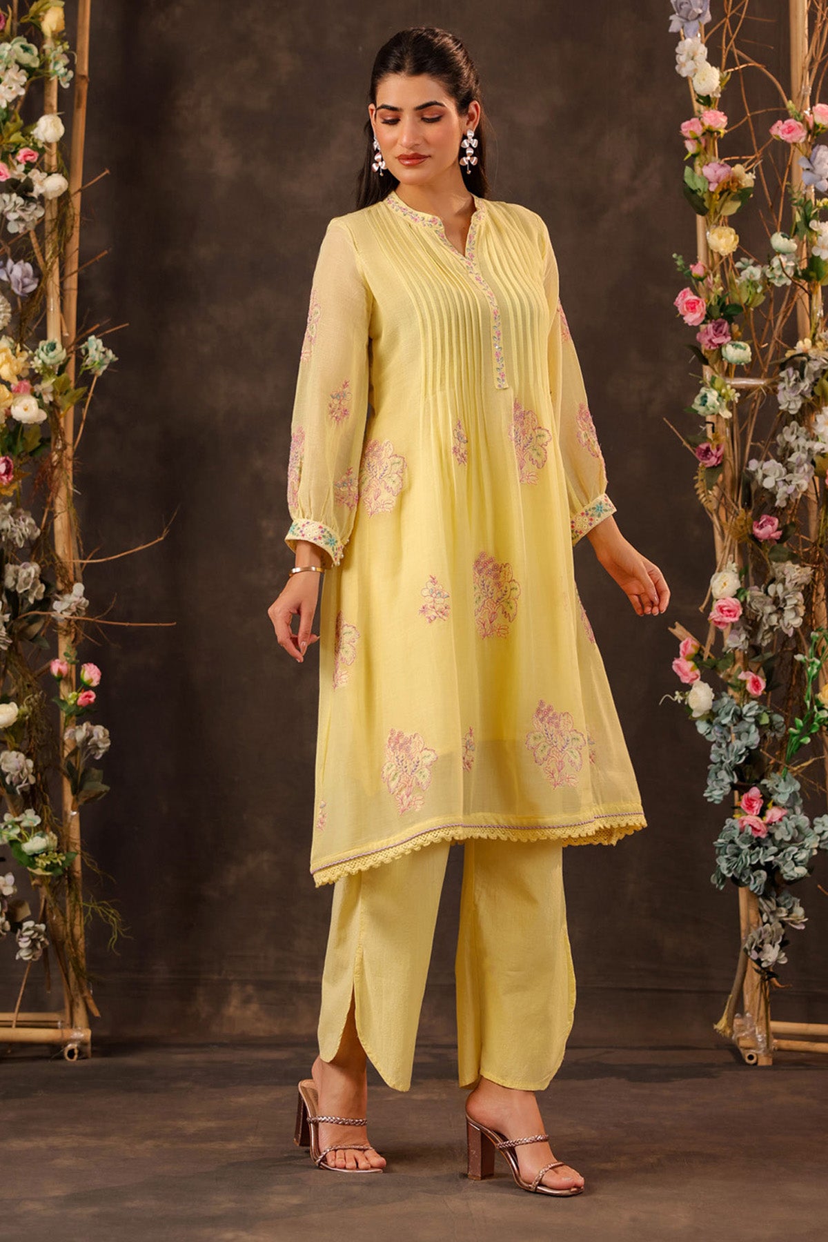 Yellow Mul Mul Embroidered Cord Set