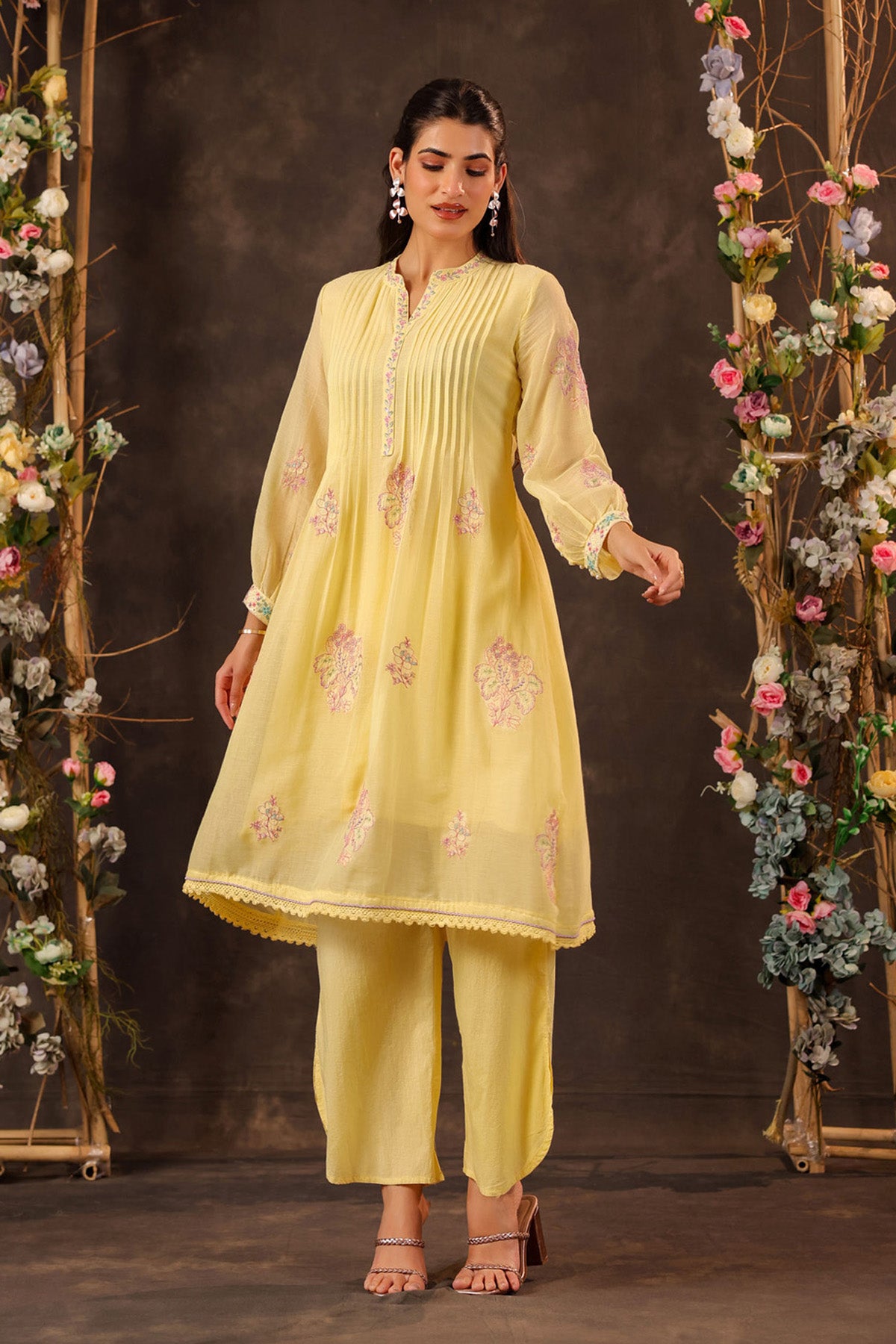 Yellow Mul Mul Embroidered Cord Set