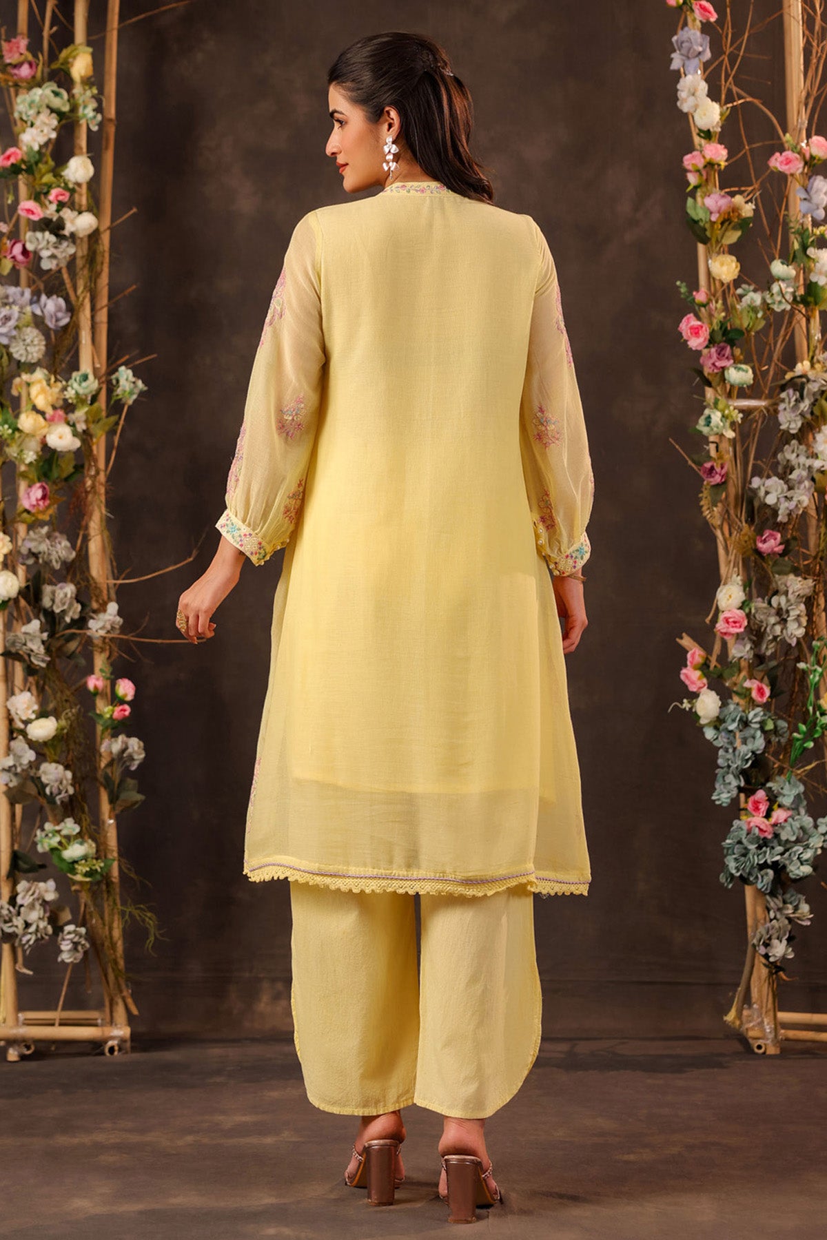 Yellow Mul Mul Embroidered Cord Set