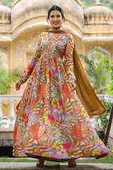 Bairaas Peach Chinon Printed Festive Gown