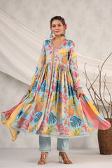 Festive Blue Embroidered Muslin Anarkali With Pants And Tie Dye Dupatta