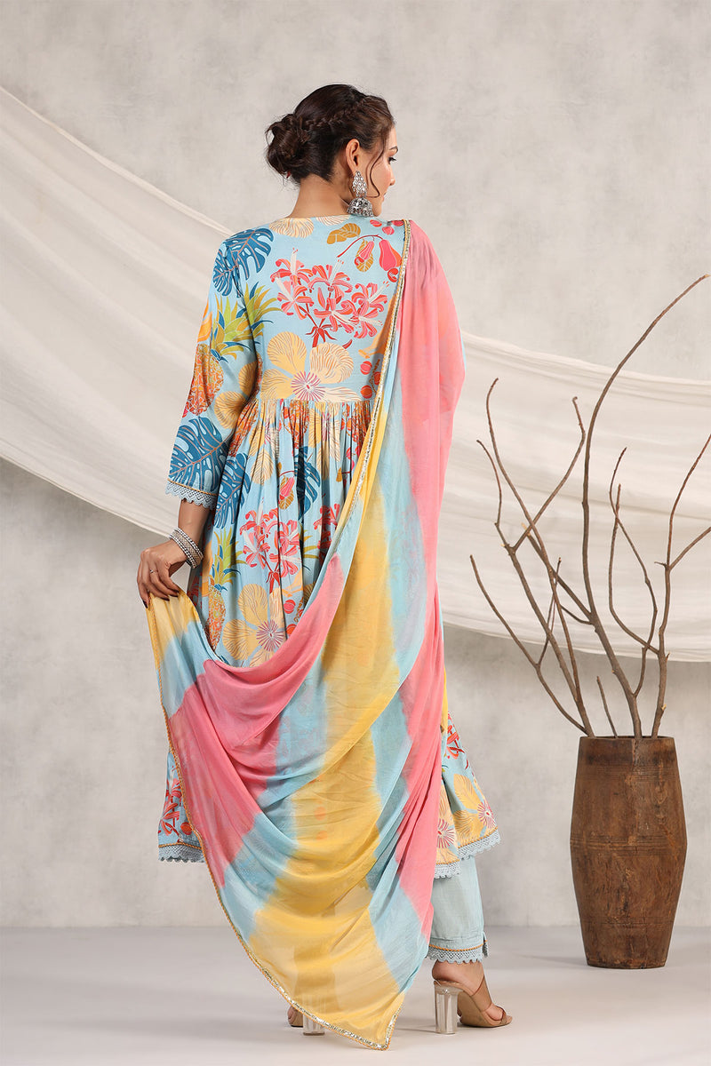Festive Blue Embroidered Muslin Anarkali With Pants And Tie Dye Dupatta