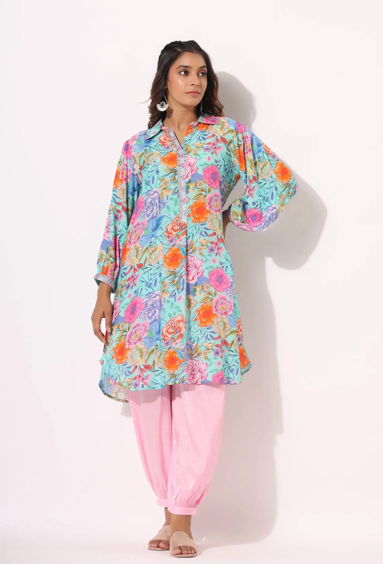 Blue Floral Muslin Handwork Co-ord Set