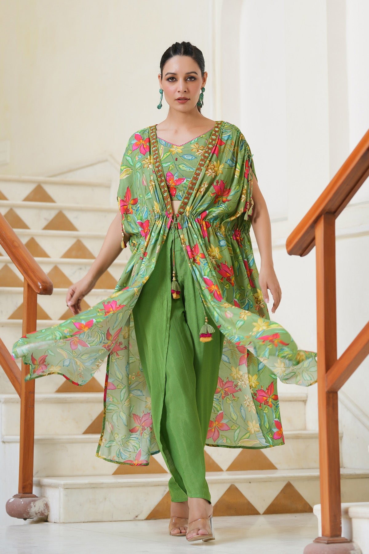 Women Floral Green Printed Indo Western Dress