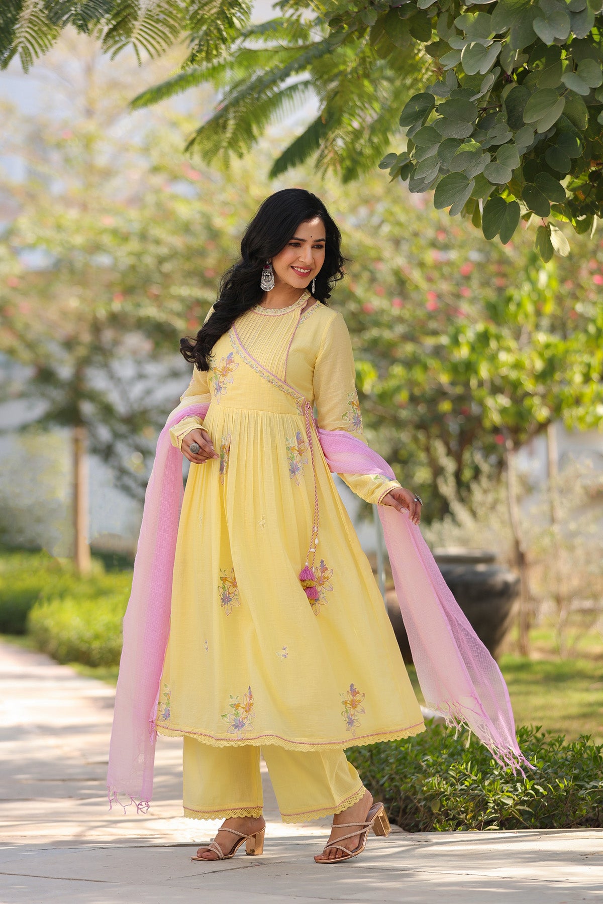 Yellow Mul Mul Embroidered Anarkali Suit Set With Dupatta