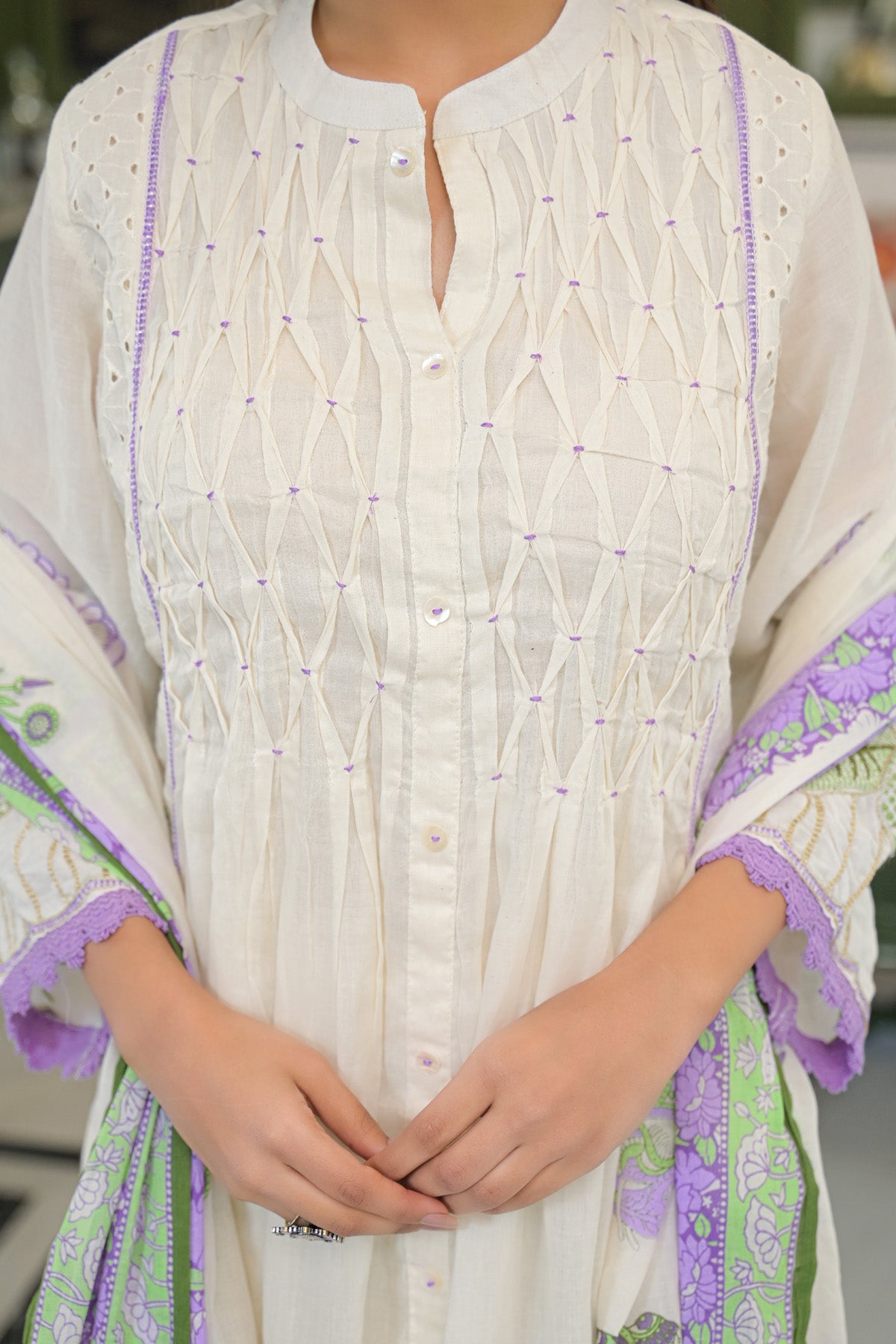 Purple Mul Mul Embroidered Anarkali Suit Set With Dupatta