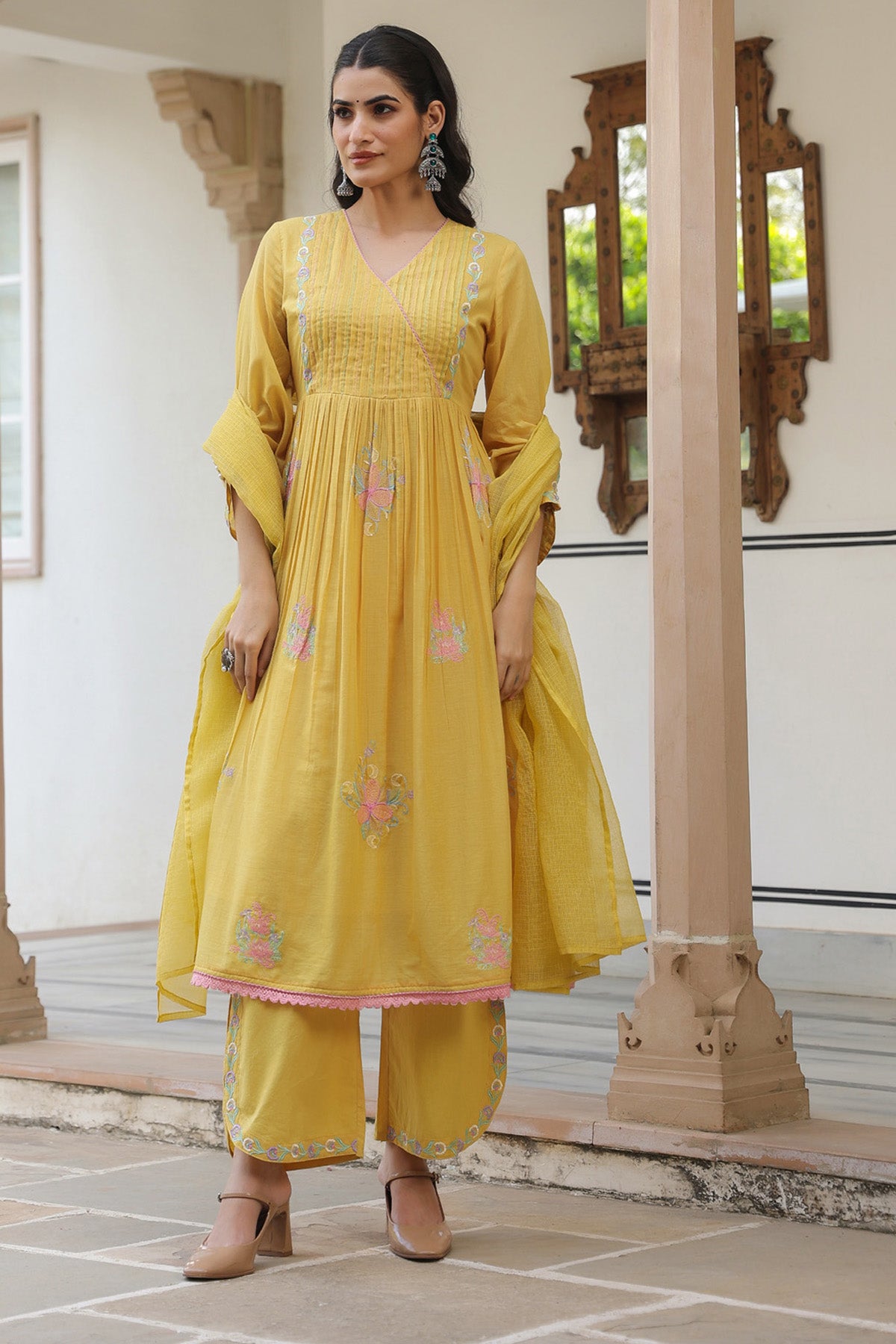 Yellow Mul Mul Embroidered Anarkali Suit Set With Dupatta