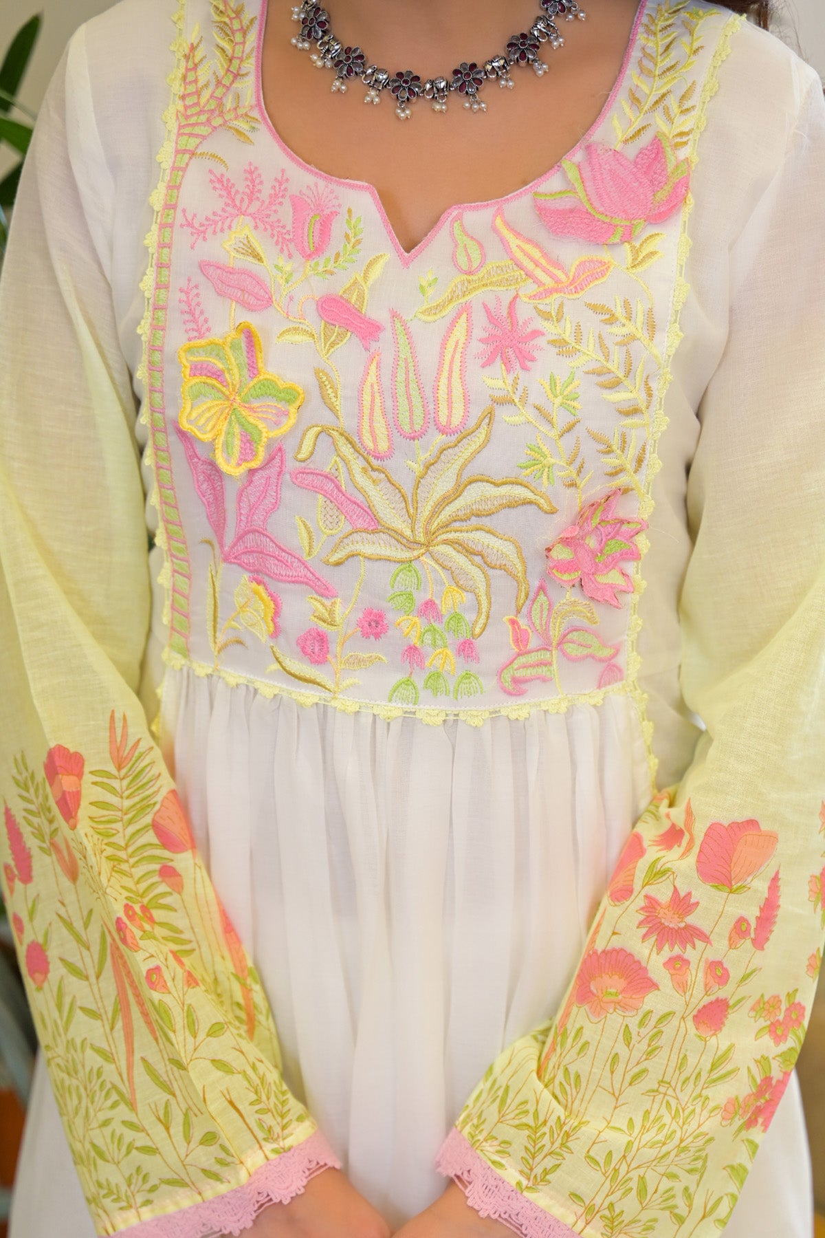 Yellow Mul Mul Embroidered Anarkali Suit Set With Dupatta