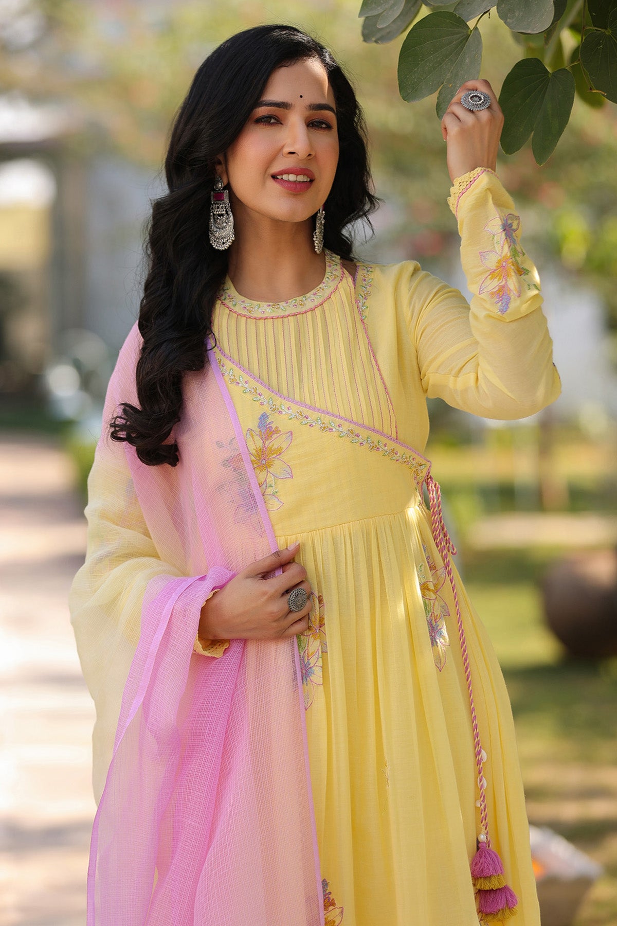 Yellow Mul Mul Embroidered Anarkali Suit Set With Dupatta