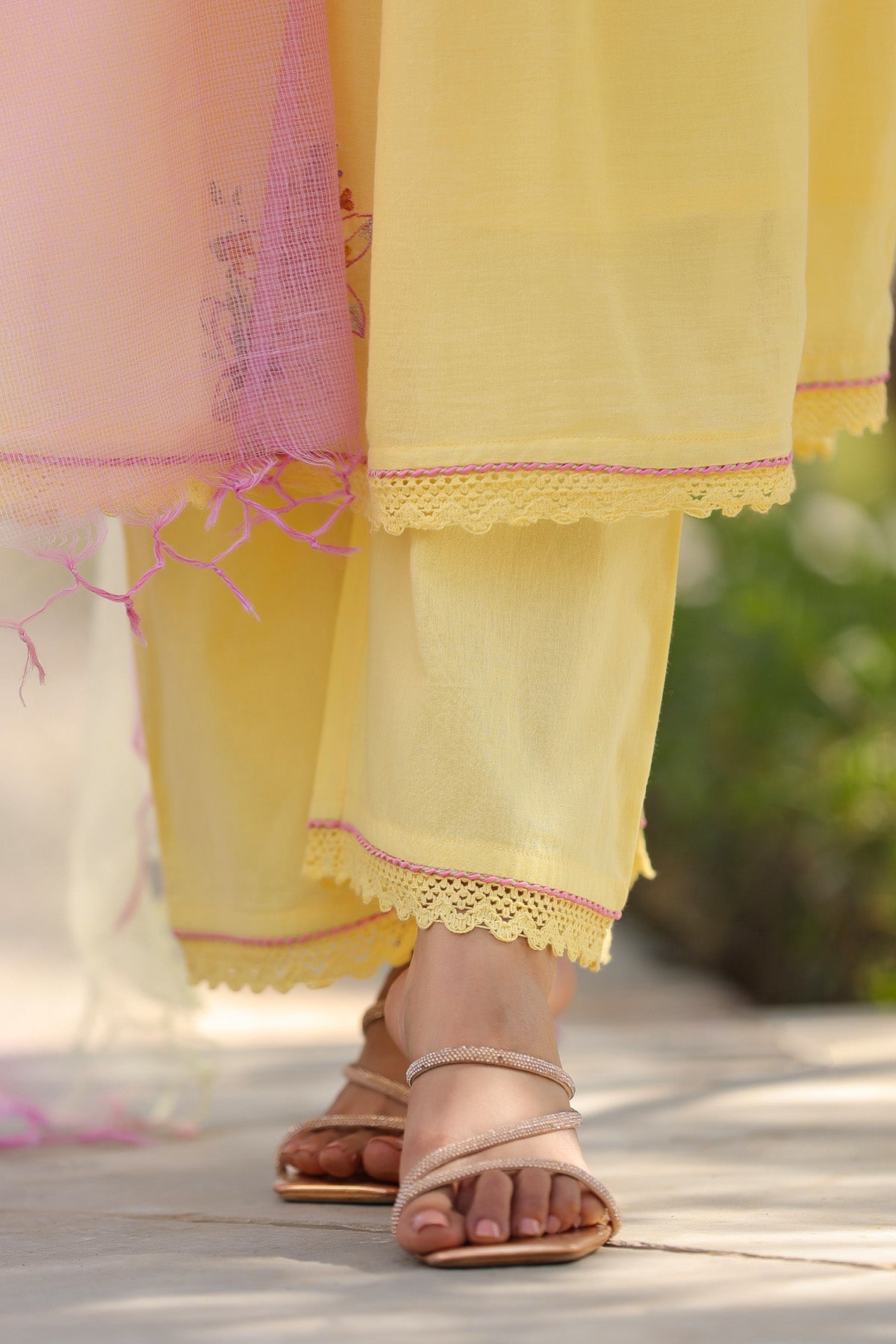 Yellow Mul Mul Embroidered Anarkali Suit Set With Dupatta
