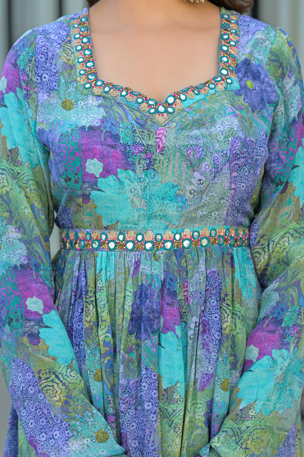 Blue Chinon Silk Handwork Anarkali Suit Set With Dupatta