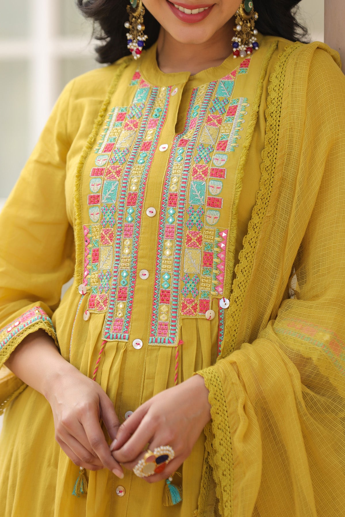 Yellow Mul Mul Embroidered Anarkali Suit Set With Dupatta