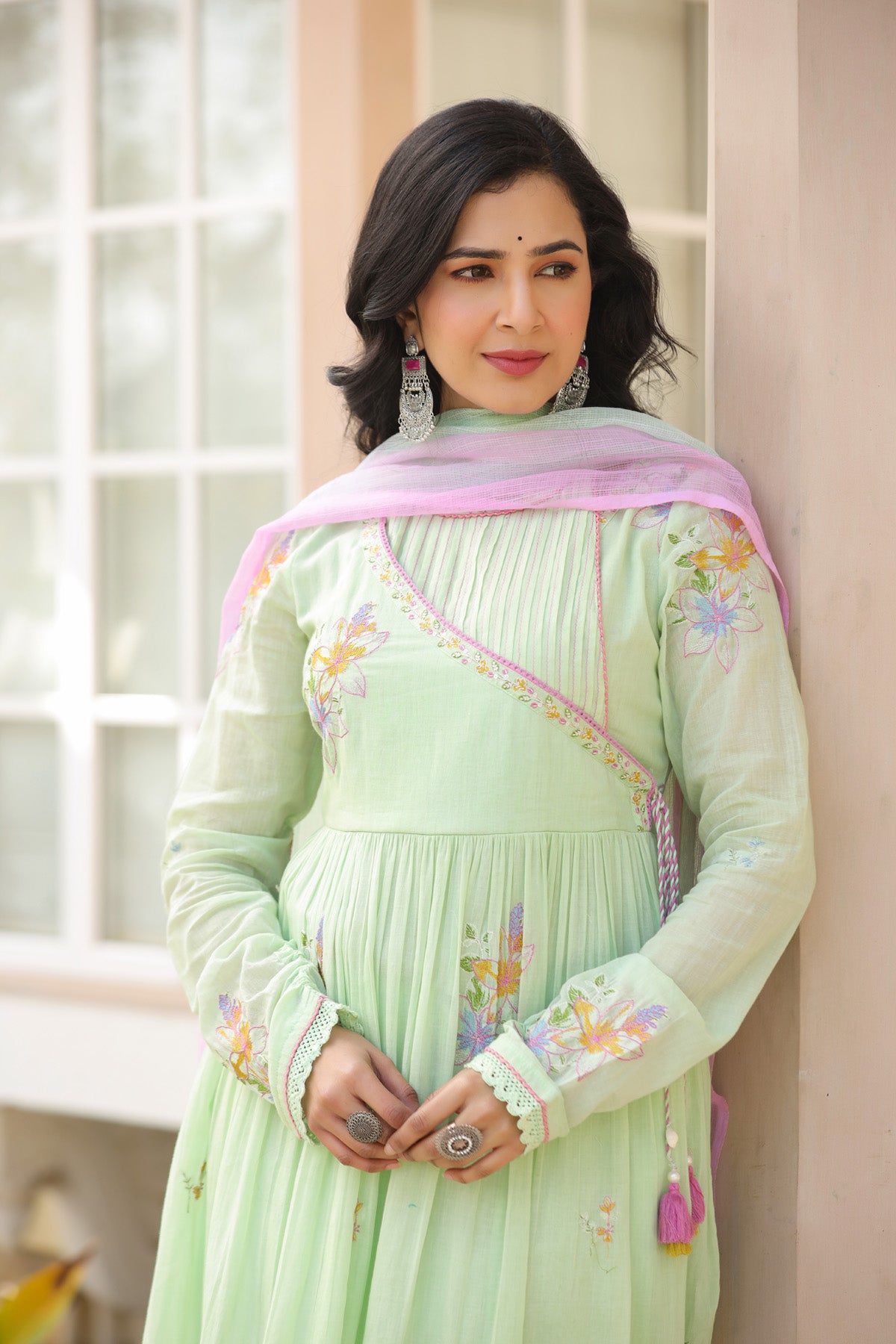 Green Mul Mul Embroidered Anarkali Suit Set With Dupatta