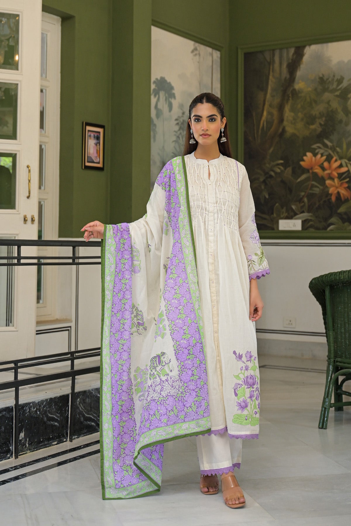 Purple Mul Mul Embroidered Anarkali Suit Set With Dupatta