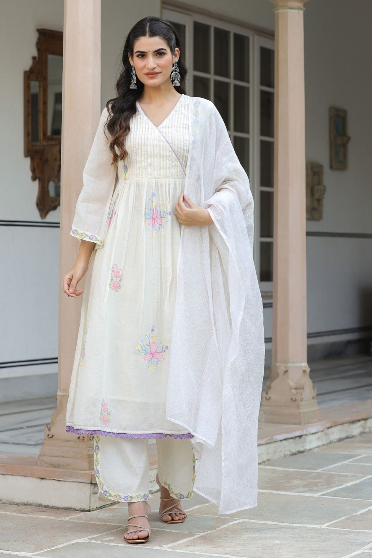 White Mul Mul Embroidered Anarkali Suit Set With Dupatta