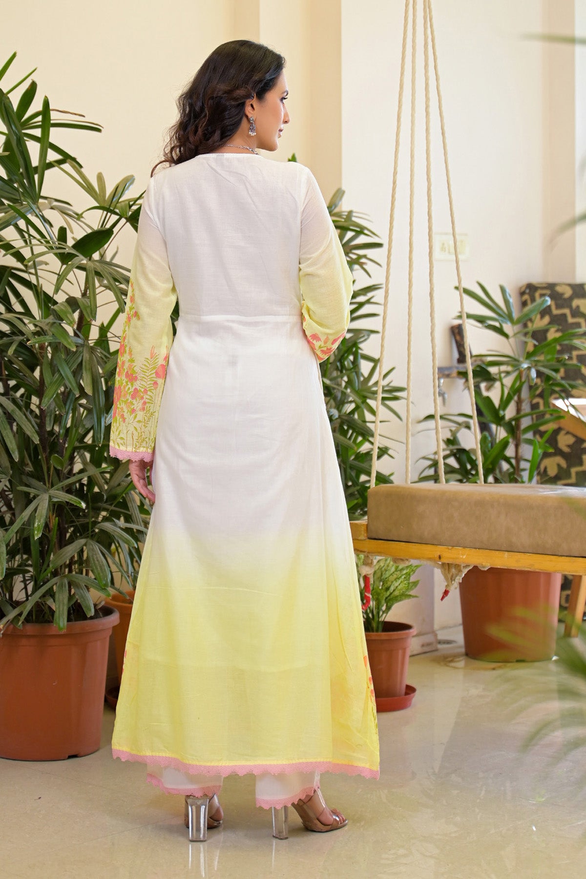 Yellow Mul Mul Embroidered Anarkali Suit Set With Dupatta