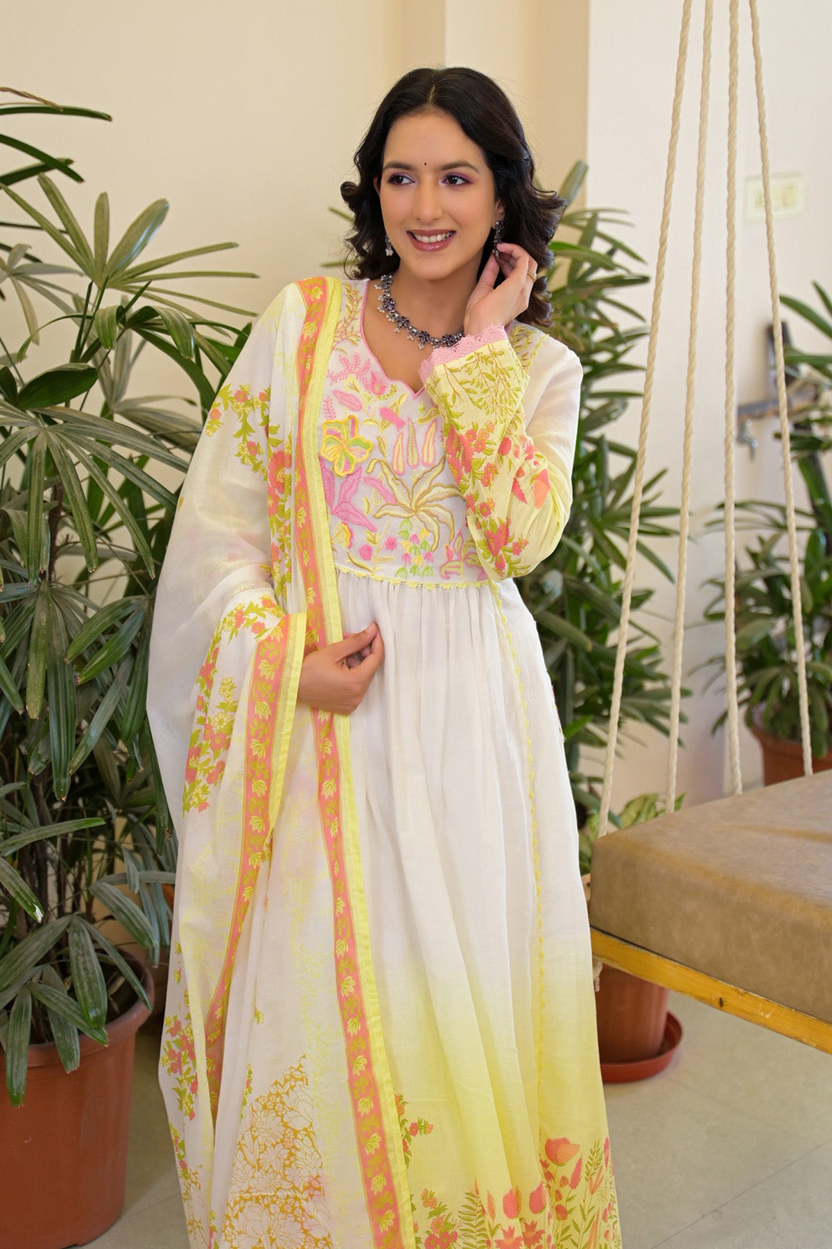 Yellow Mul Mul Embroidered Anarkali Suit Set With Dupatta
