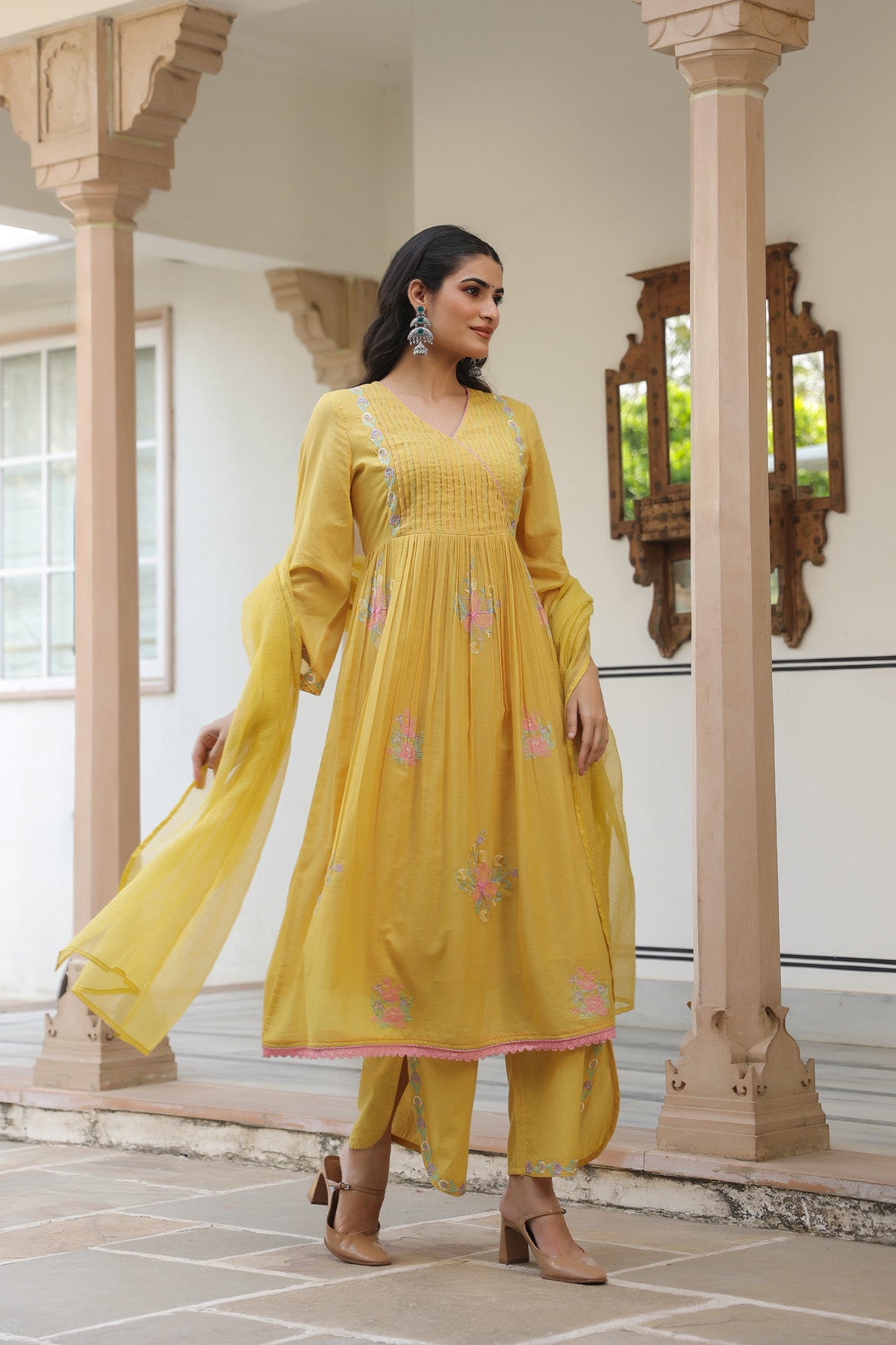 Yellow Mul Mul Embroidered Anarkali Suit Set With Dupatta