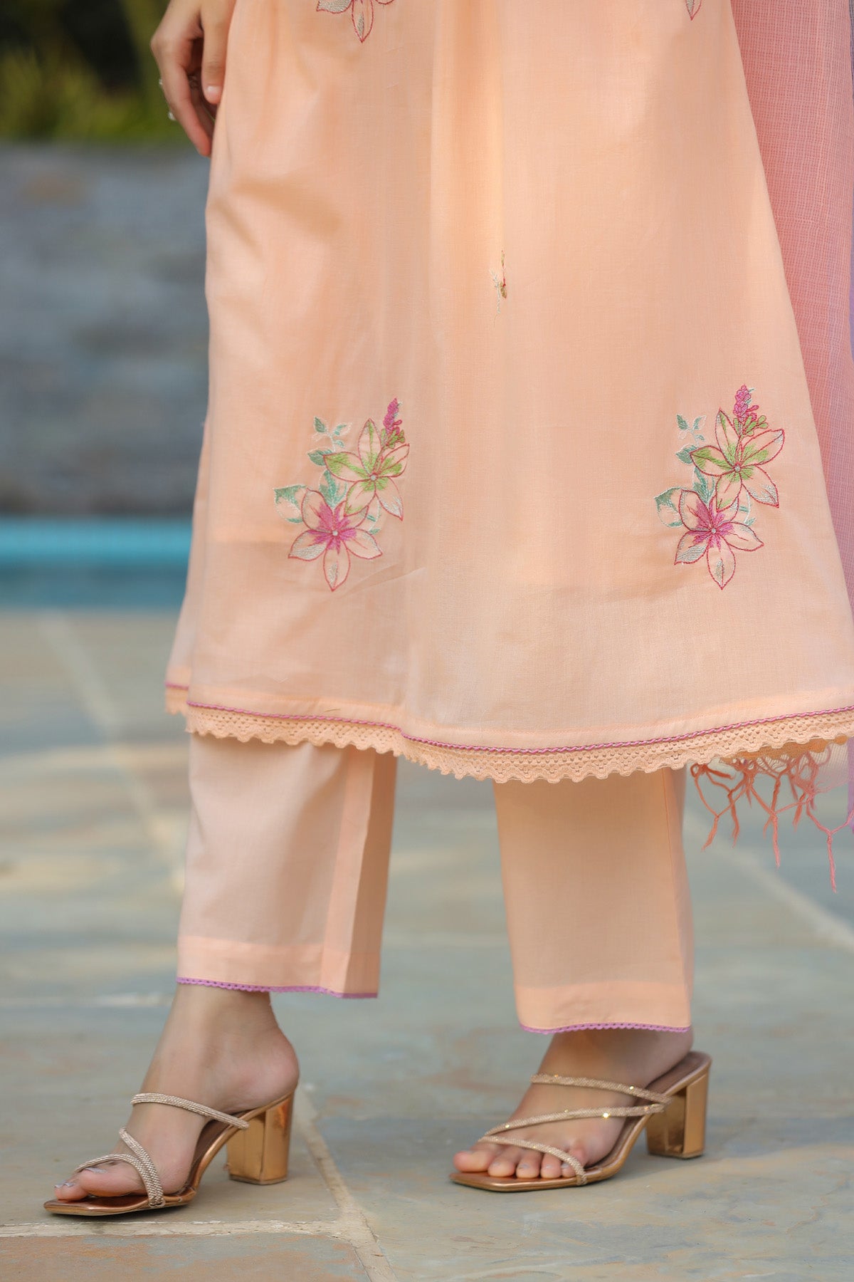 Peach Mul Mul Embroidered Anarkali Suit Set With Dupatta
