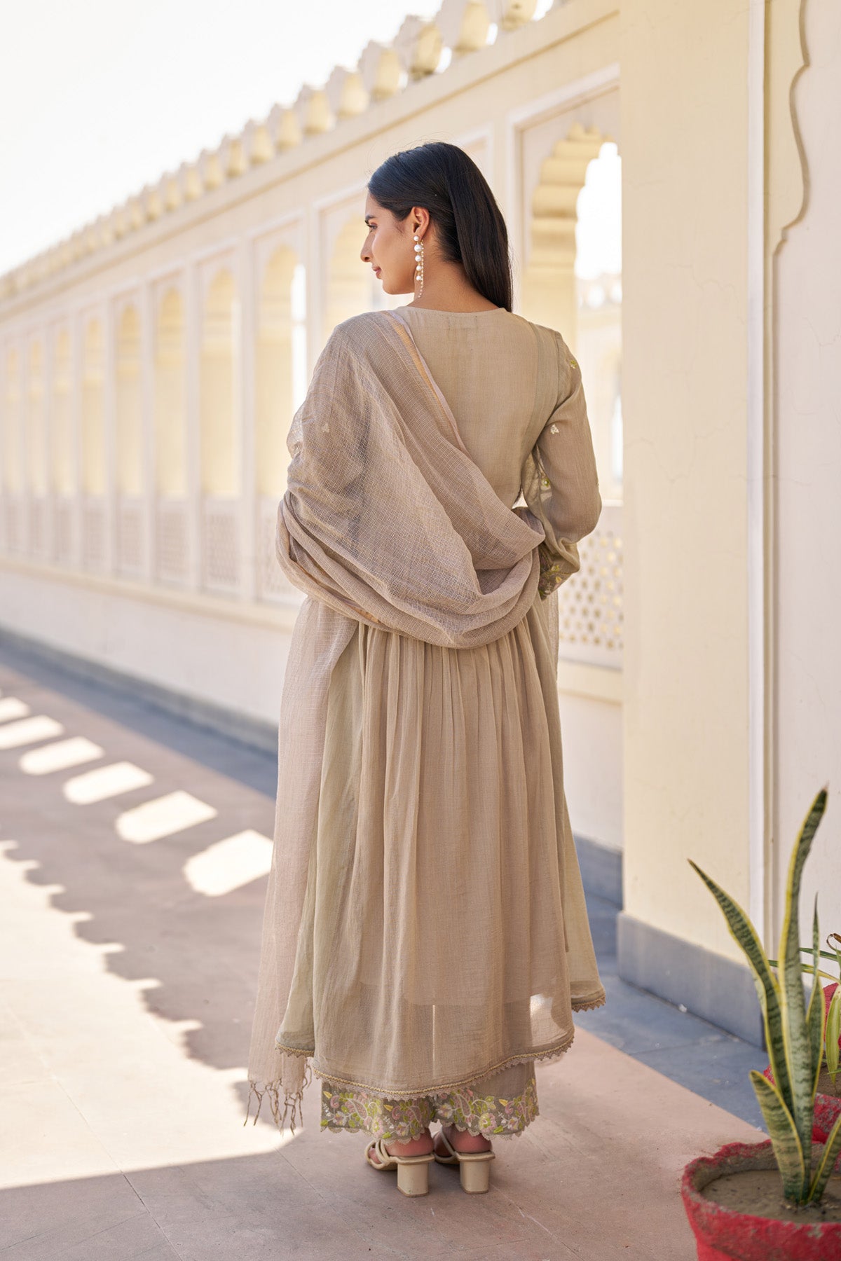 Brown Mul Mul Embroidered Anarkali Suit Set With Dupatta