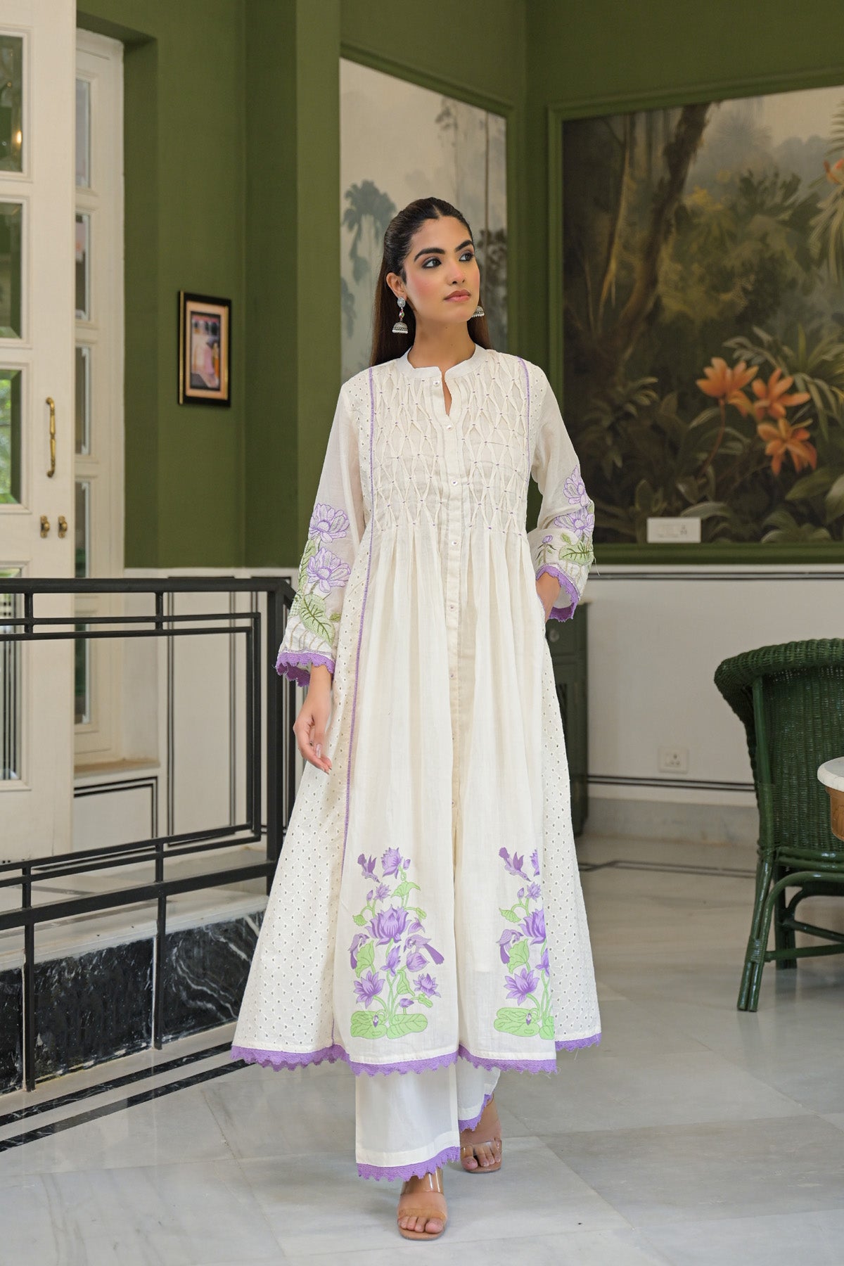 Purple Mul Mul Embroidered Anarkali Suit Set With Dupatta