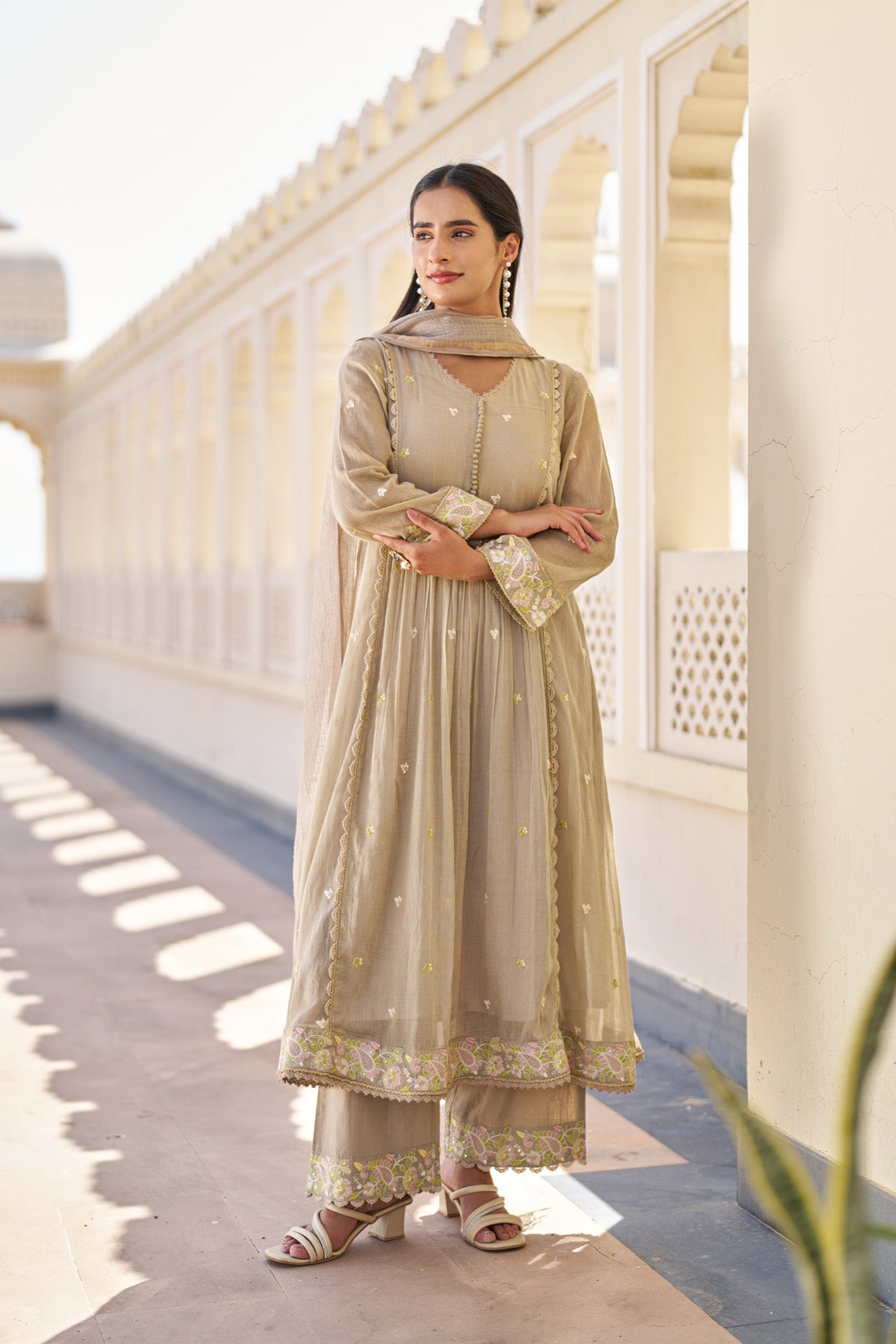 Brown Mul Mul Embroidered Anarkali Suit Set With Dupatta