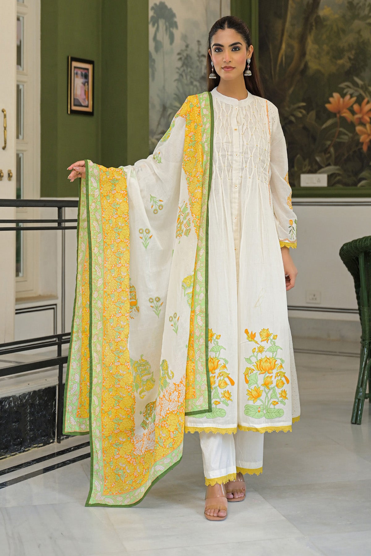 Yellow Mul Mul Printed Anarkali Suit Set With Dupatta