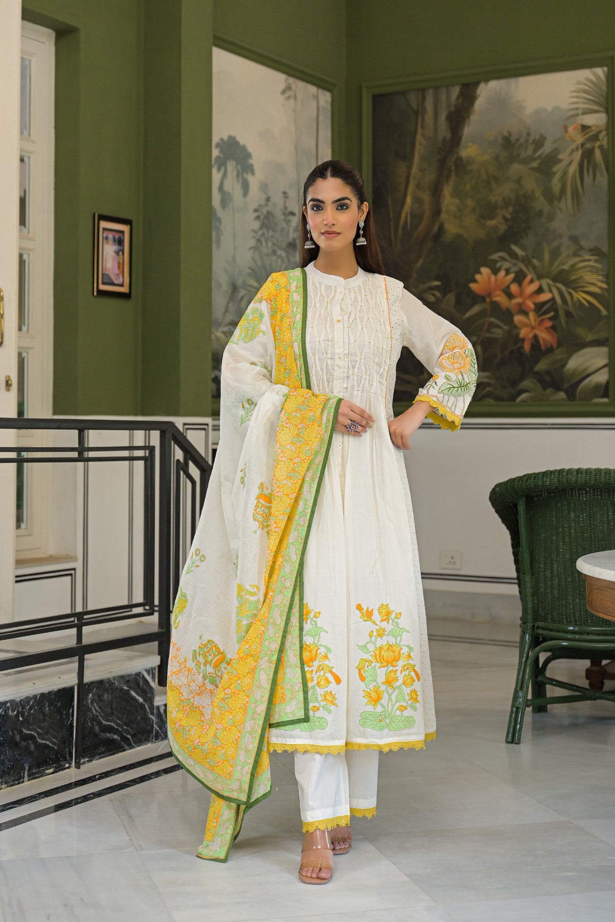 Yellow Mul Mul Printed Anarkali Suit Set With Dupatta