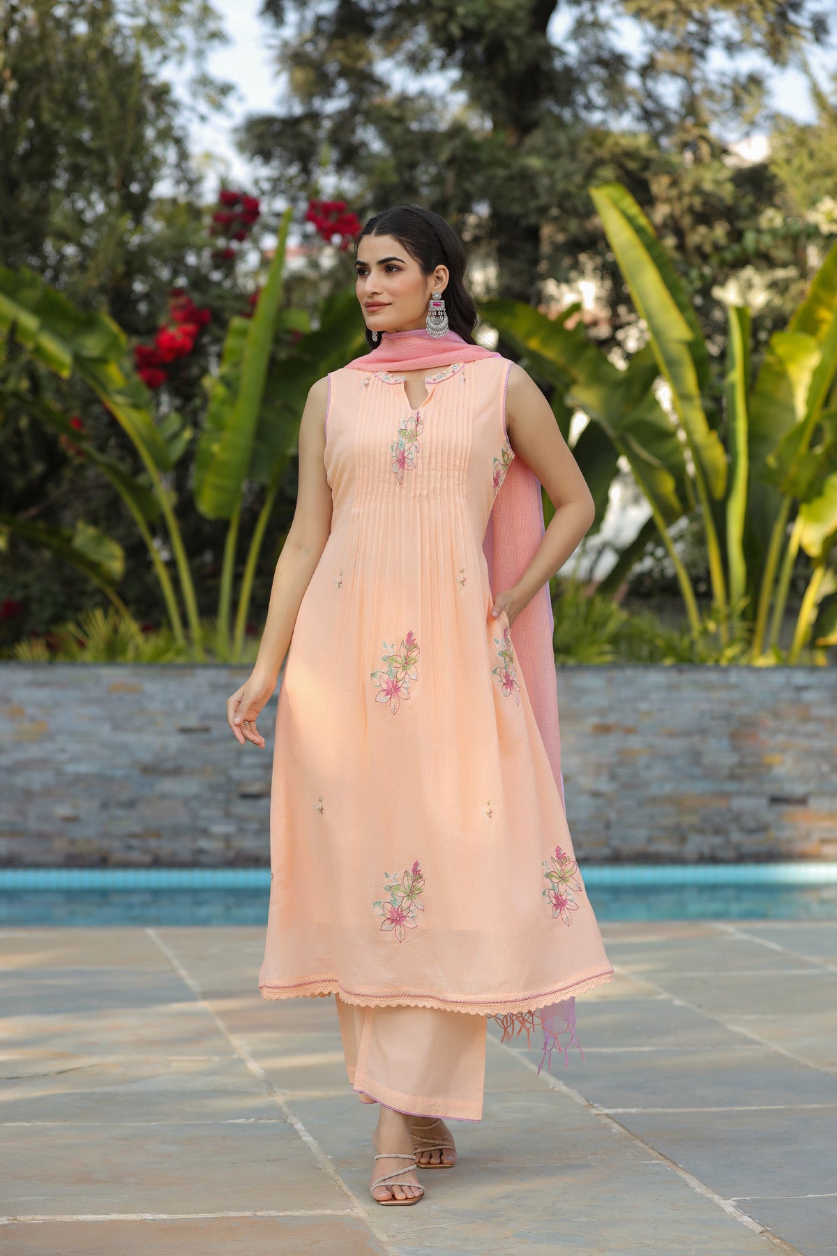 Peach Mul Mul Embroidered Anarkali Suit Set With Dupatta