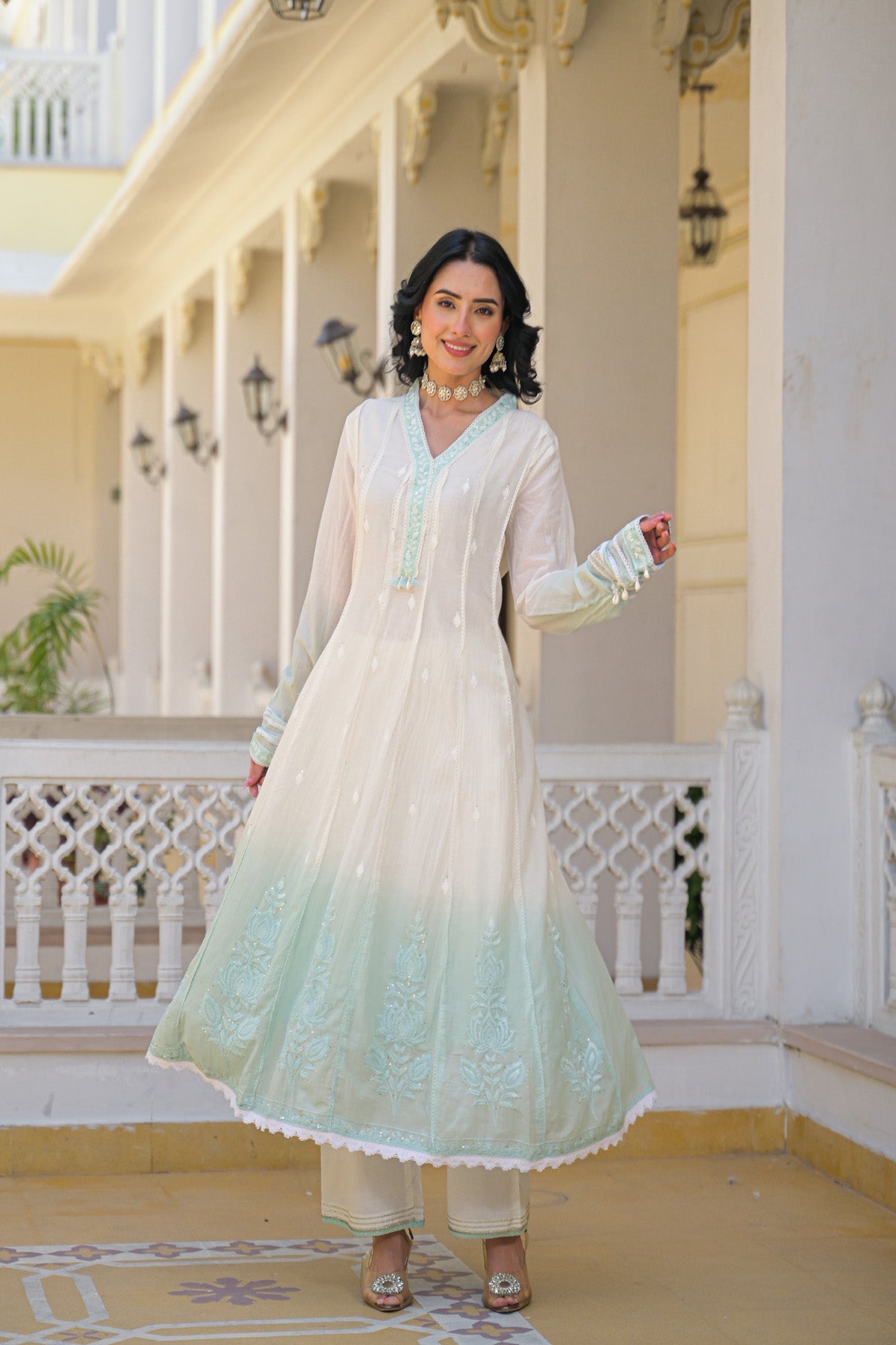 Sky Blue Mul Mul Embroidered Anarkali Suit Set With Dupatta