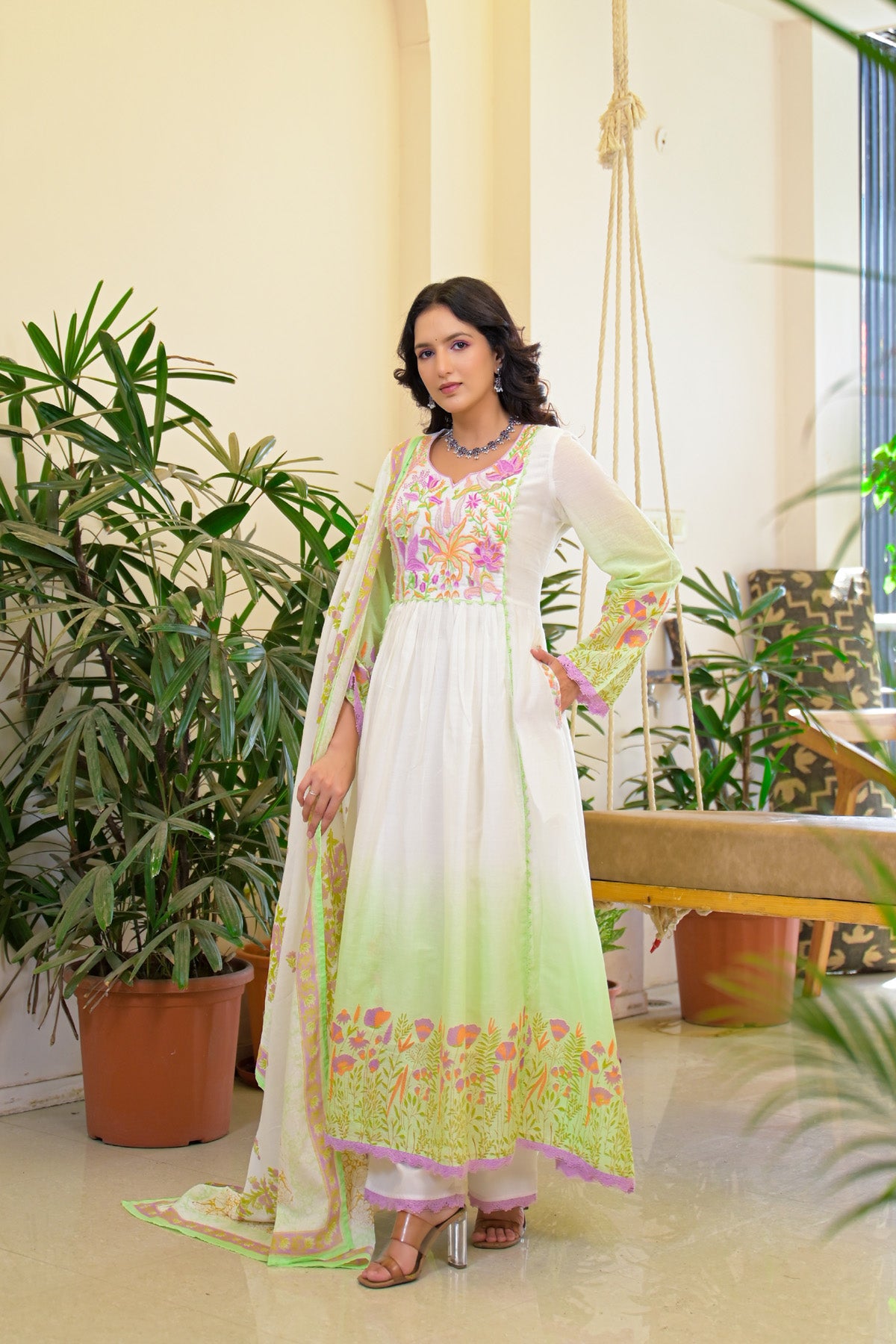 Green Mul Mul Embroidered Anarkali Suit Set With Dupatta