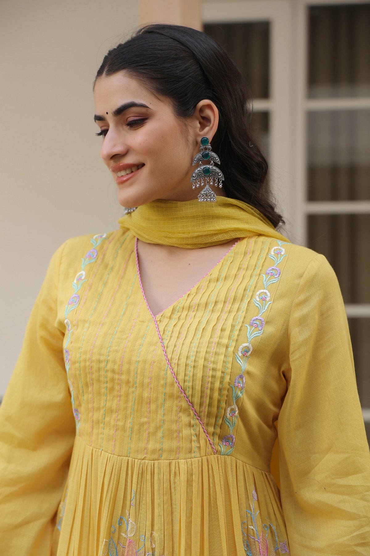 Yellow Mul Mul Embroidered Anarkali Suit Set With Dupatta