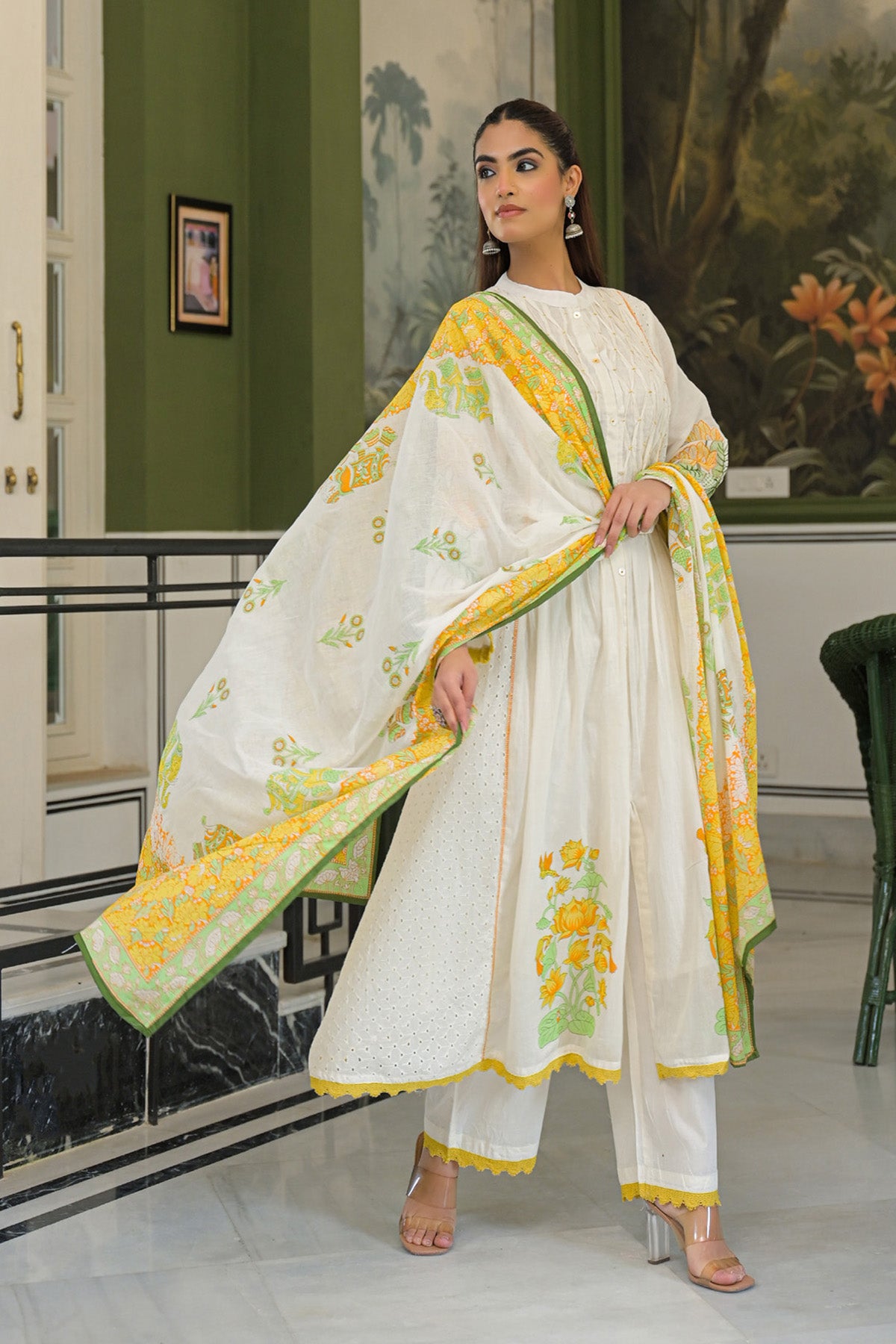 Yellow Mul Mul Printed Anarkali Suit Set With Dupatta