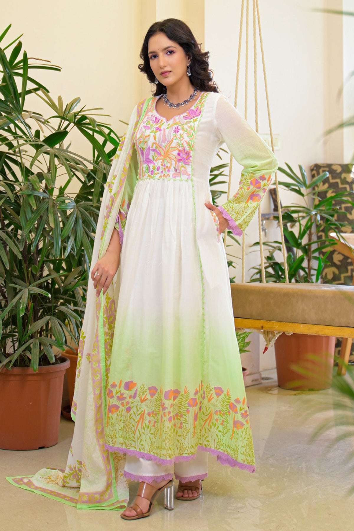 Green Ombre Mul Mul Embroidered Anarkali Suit Set With Dupatta