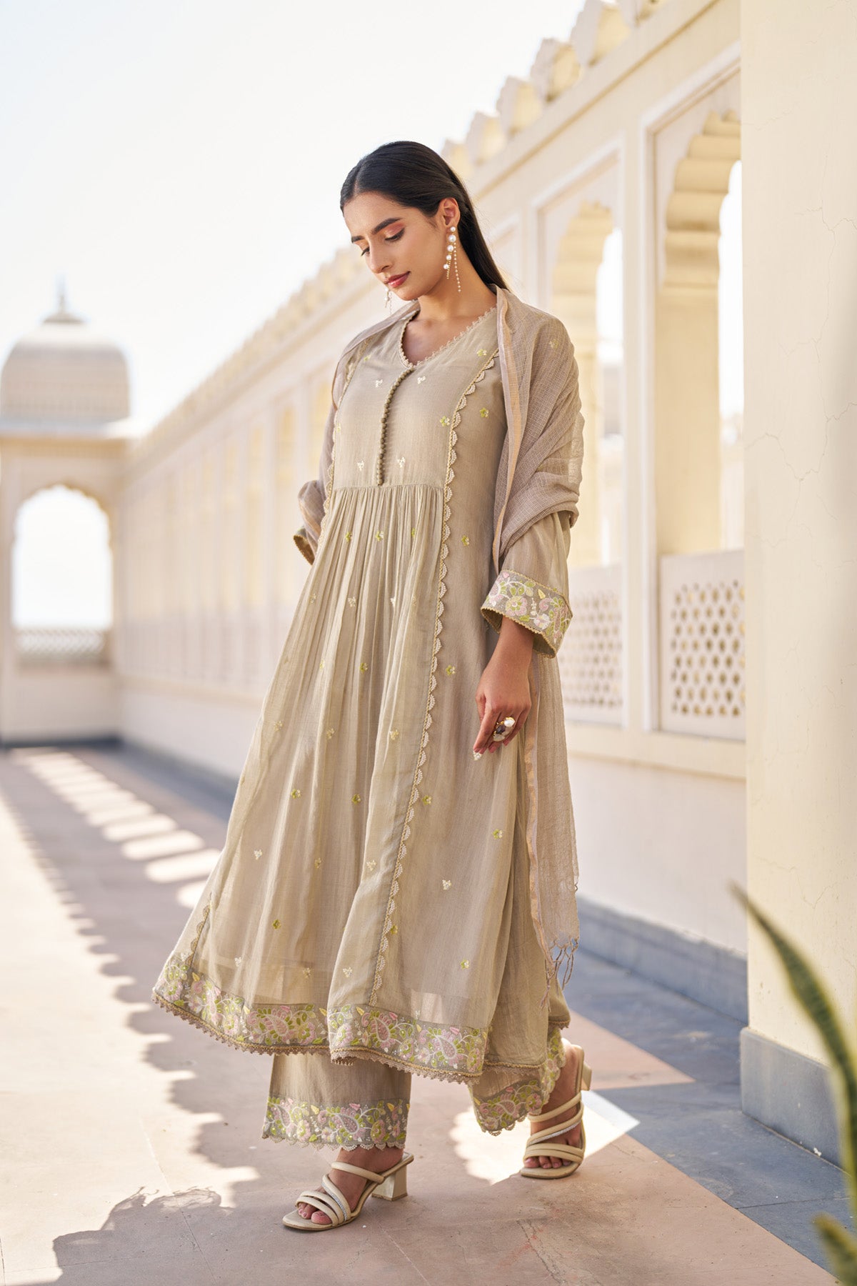 Brown Mul Mul Embroidered Anarkali Suit Set With Dupatta