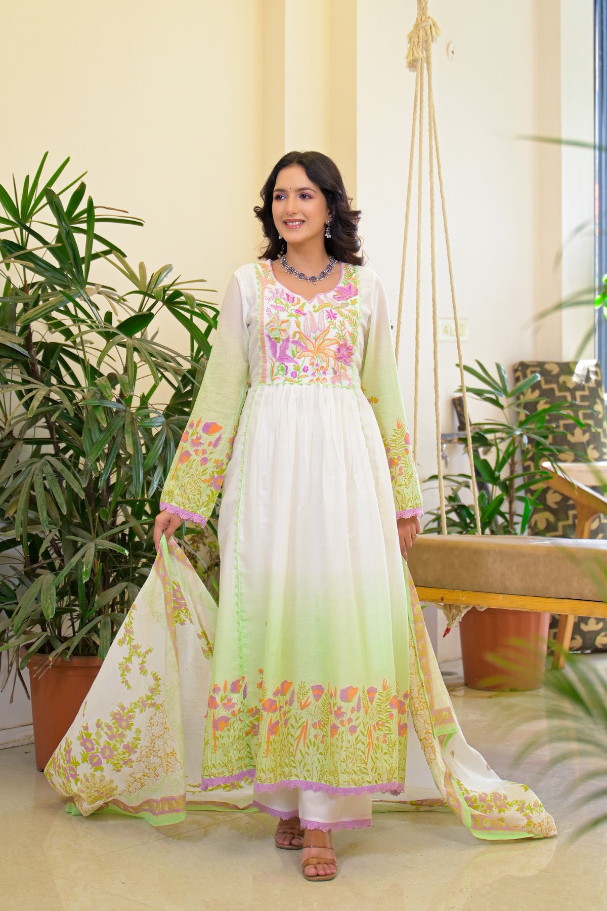 Green Mul Mul Embroidered Anarkali Suit Set With Dupatta