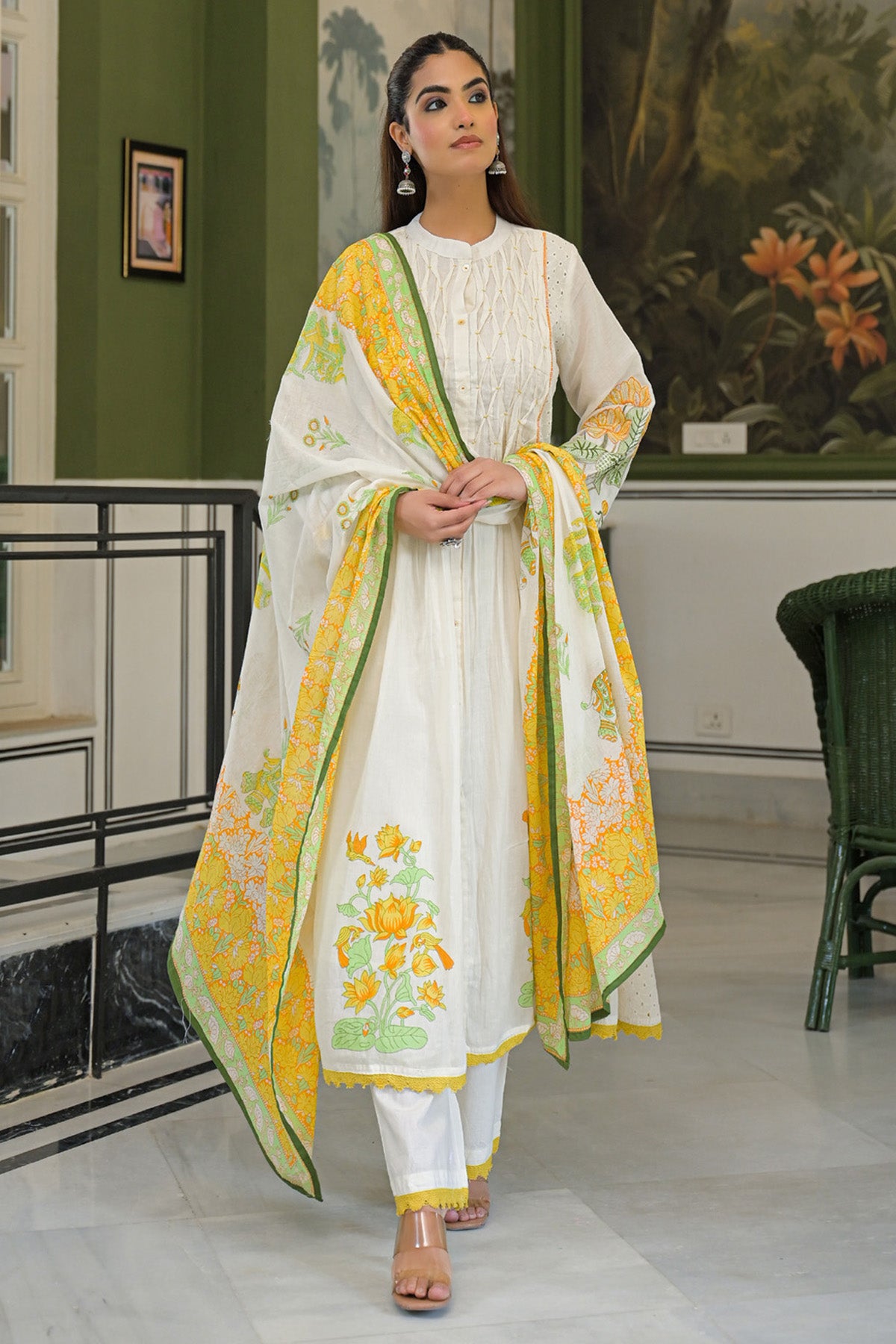 Yellow Mul Mul Printed Anarkali Suit Set With Dupatta