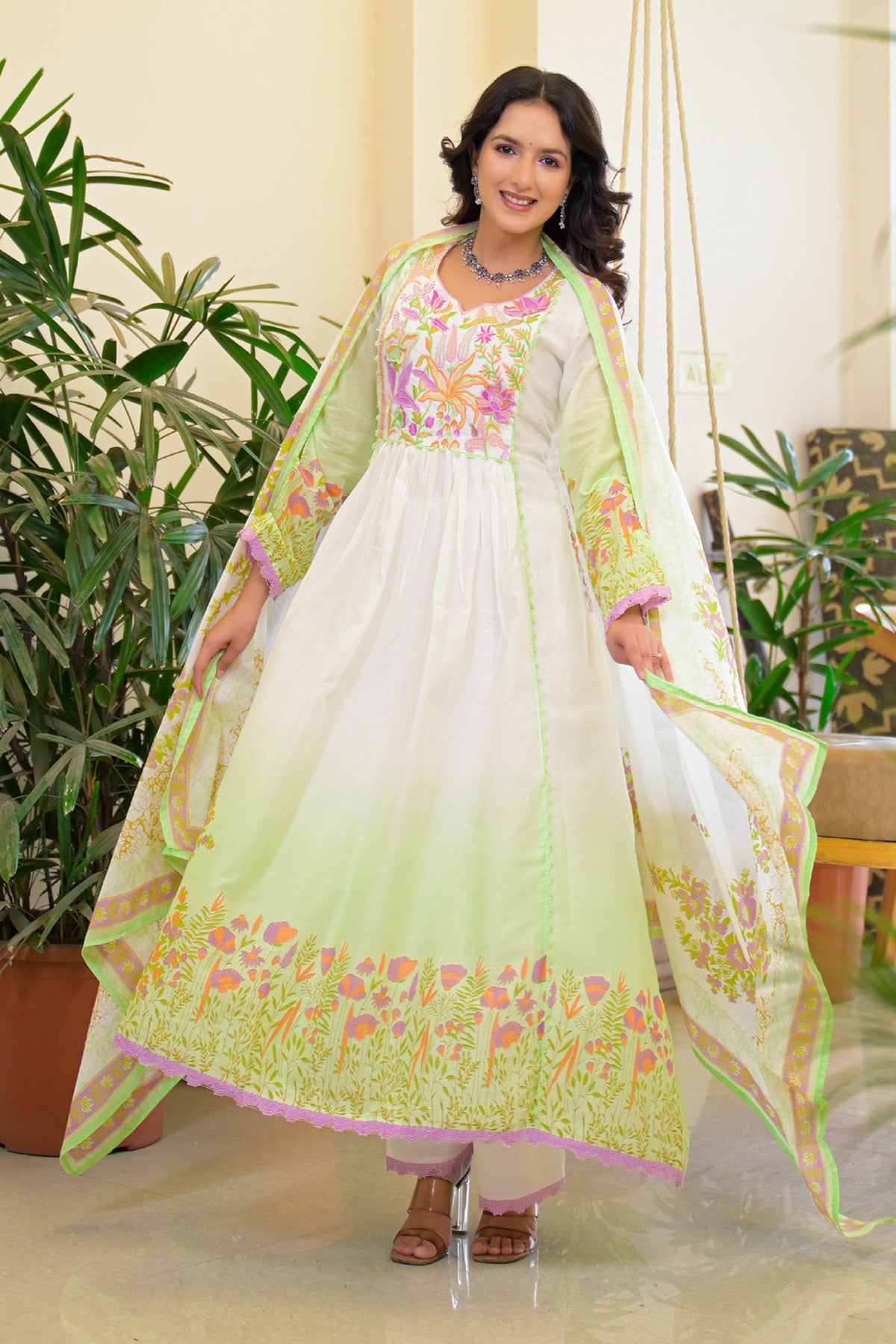 Green Ombre Mul Mul Embroidered Anarkali Suit Set With Dupatta