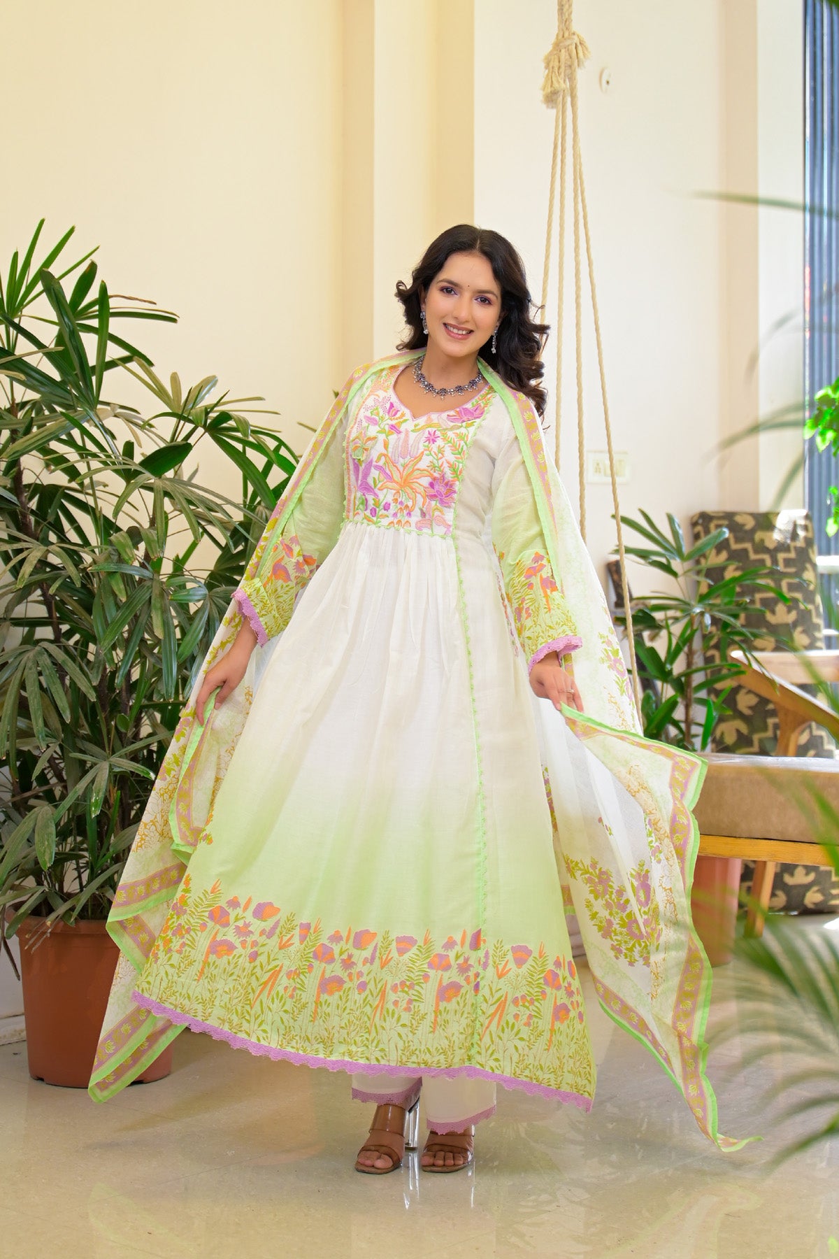 Green Mul Mul Embroidered Anarkali Suit Set With Dupatta