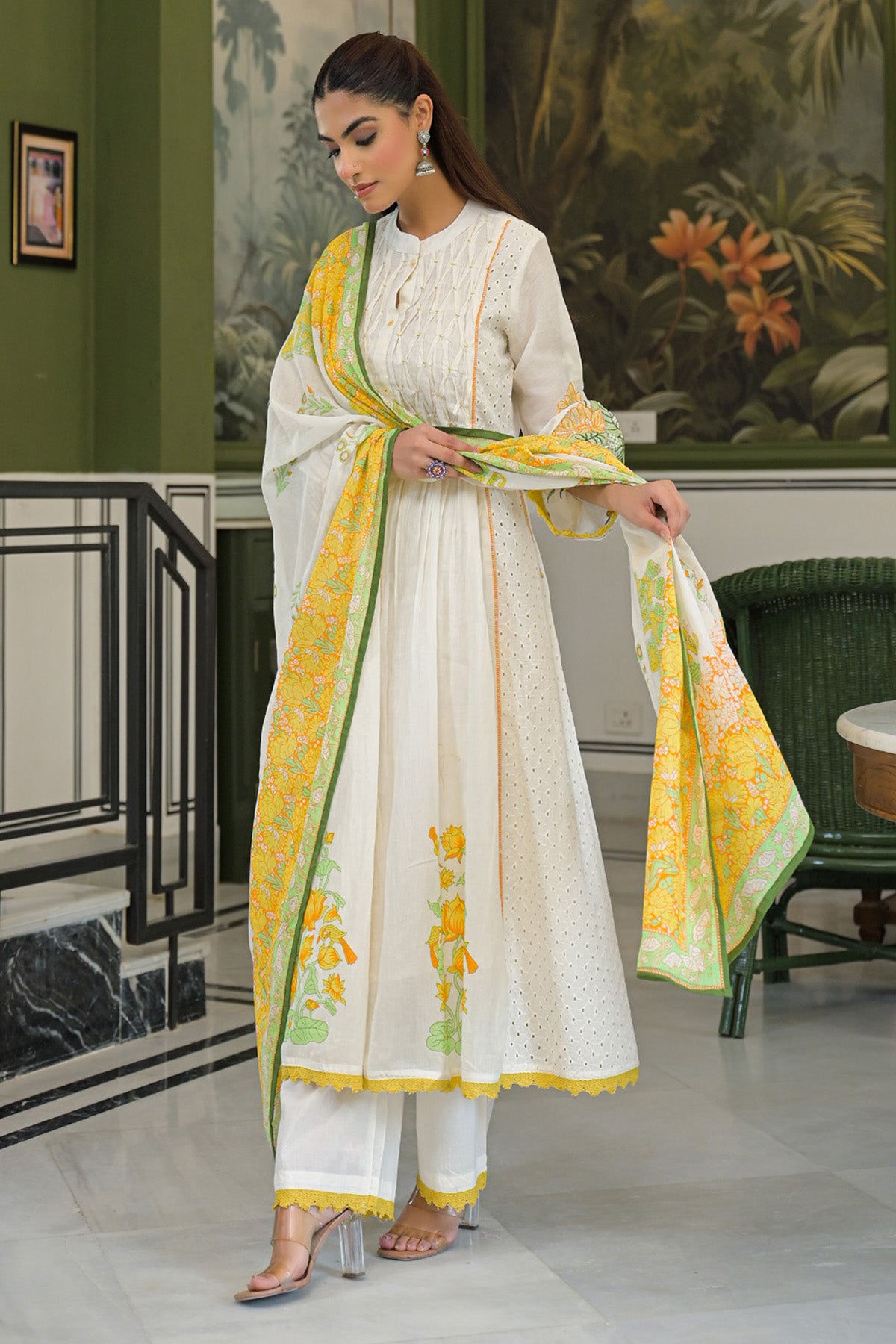 Yellow Mul Mul Printed Anarkali Suit Set With Dupatta